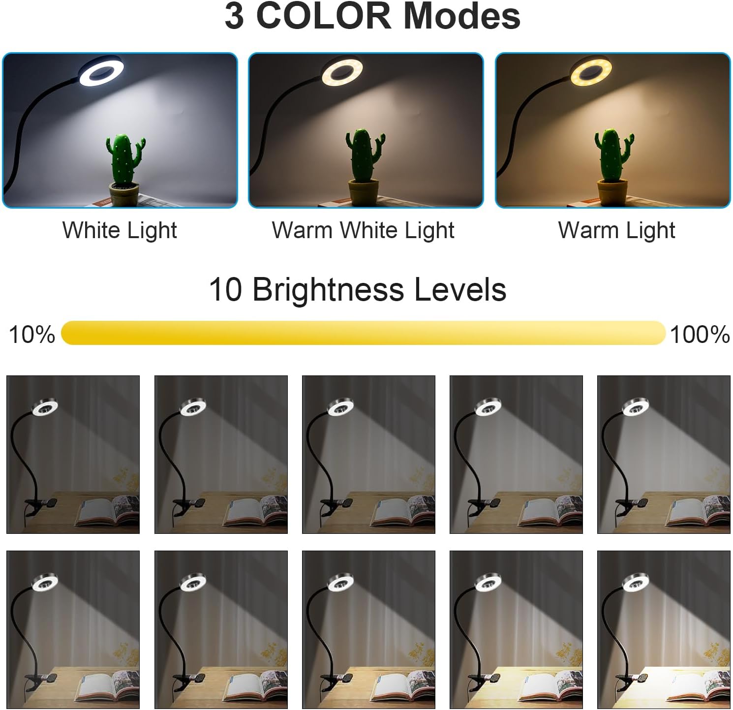Miady Paquete de 2 lámparas LED con clip para leer en la cama, luces de lectura recargables, 3 modos de color con 10 niveles de brillo, cuello de