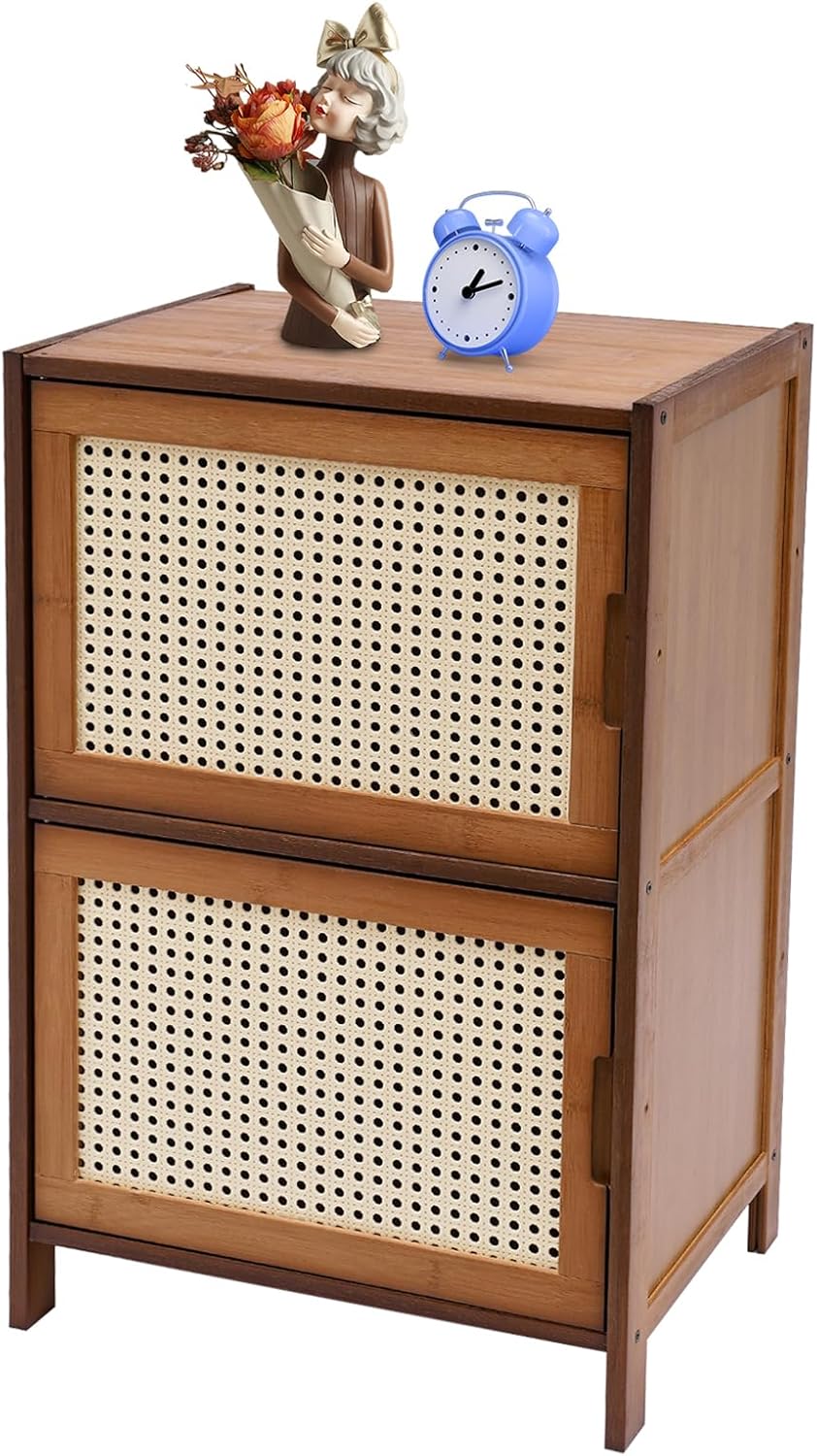 Mesita de noche con 2 cajones decorativos tipo ratán, moderna mesita de noche con pies de bambú natural macizo, mesa auxiliar de cama para