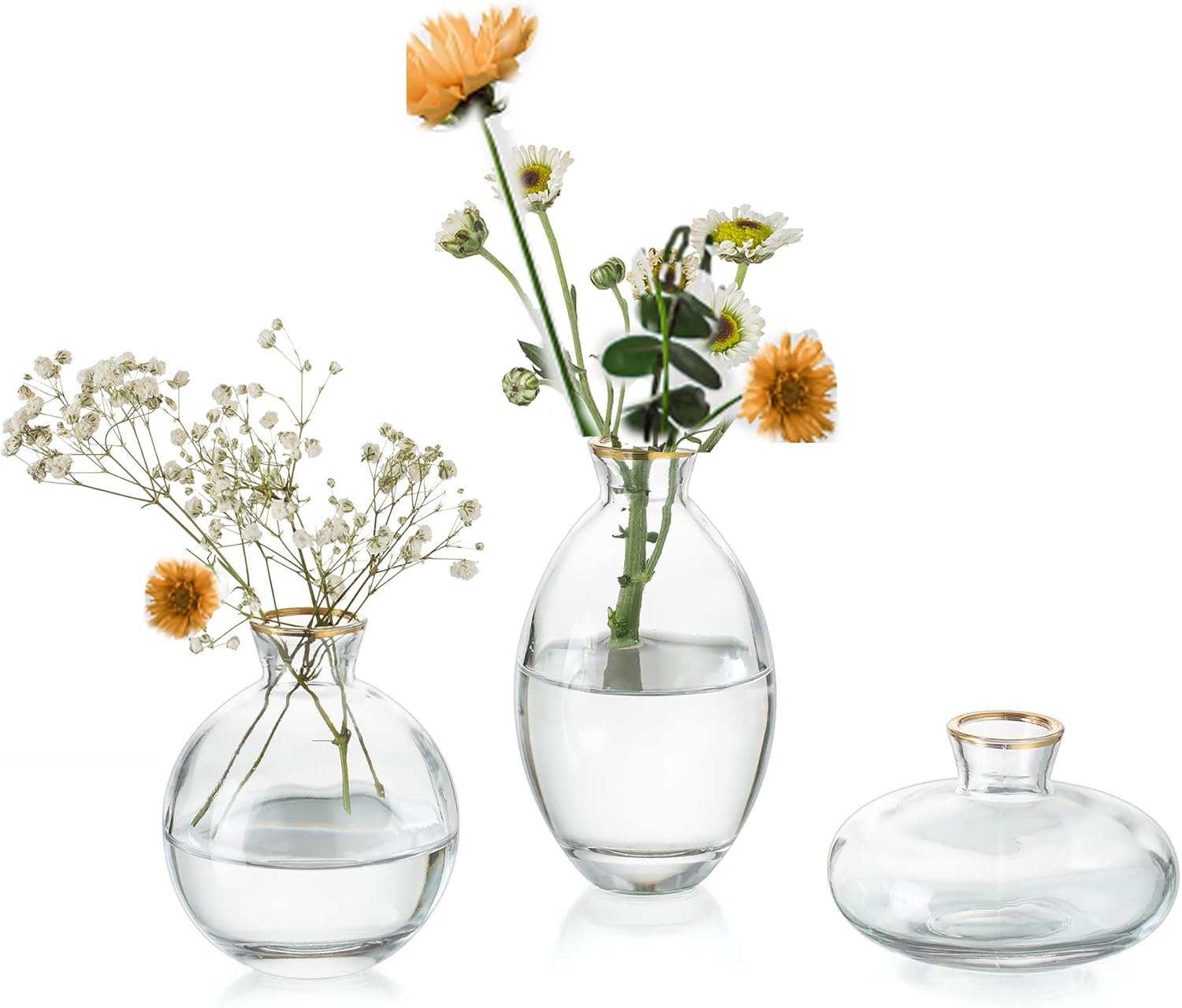 Small Vases for Centerpieces Glass Esmiome – Clear with Gold Rim 3pcsSet Bud Vases, Short Minimalist Vase Clear Modern Flower Vase Mini Tiny Vases