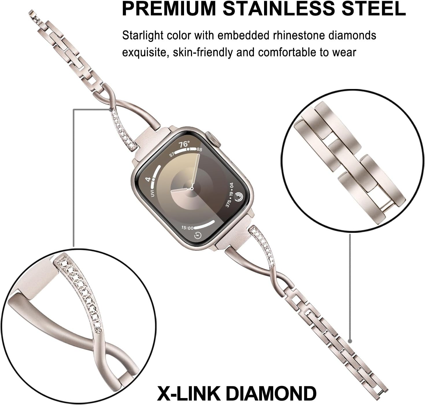 TRUMiRR Correa para Apple Watch Series 10 de 1.654 in 1.811 in  9 8 7 1.614 in 1.772 in correa de reloj femenina de acero inoxidable y diamantes