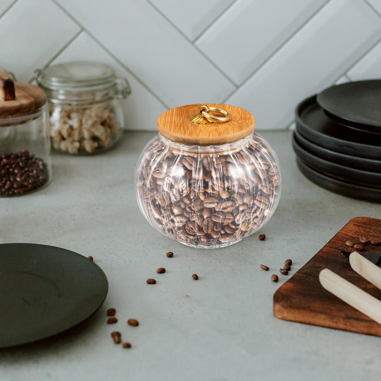 Yardwe Tarro de calabaza de cristal con tapa, tarro de caramelo de calabaza transparente con tapa hermética, pequeño recipiente de almacenamiento de