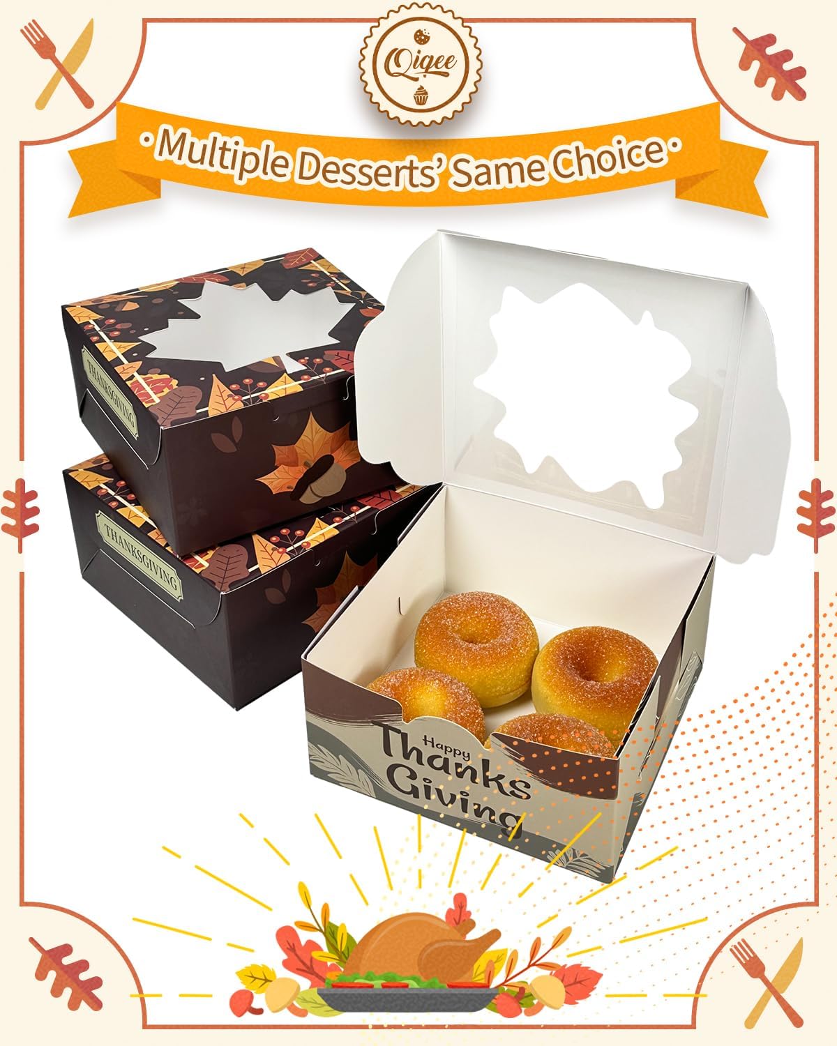 qiqee Cajas de galletas de Acción de Gracias con ventana, 36 paquetes de 6 x 6 x 3 pulgadas, caja de pastelería para el día de Acción de Gracias