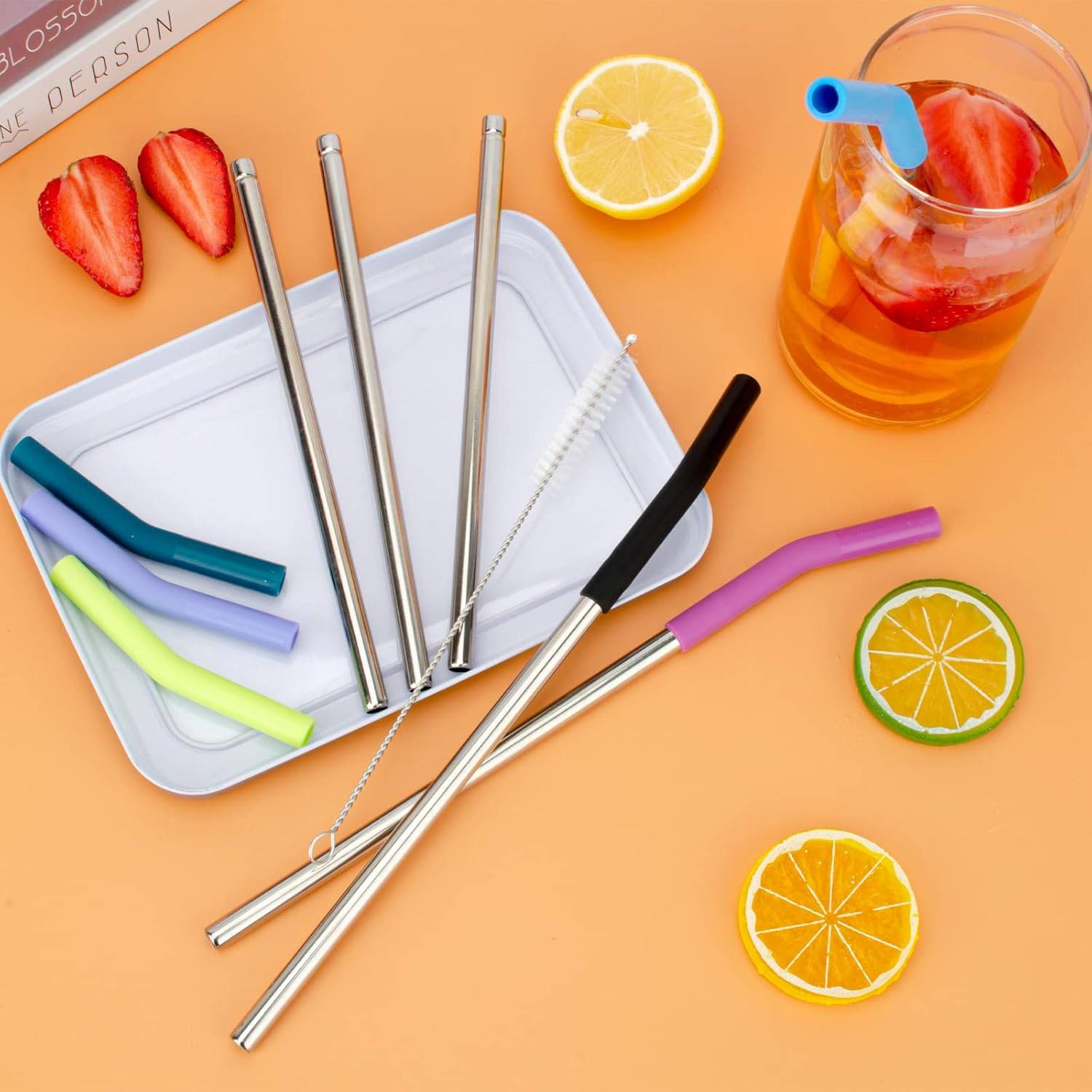 Sursip Juego de 6 popotes reutilizables de acero inoxidable con silicona, popotes de 0.315 pulgadas de ancho para batidos de frutas, 6 popotes de
