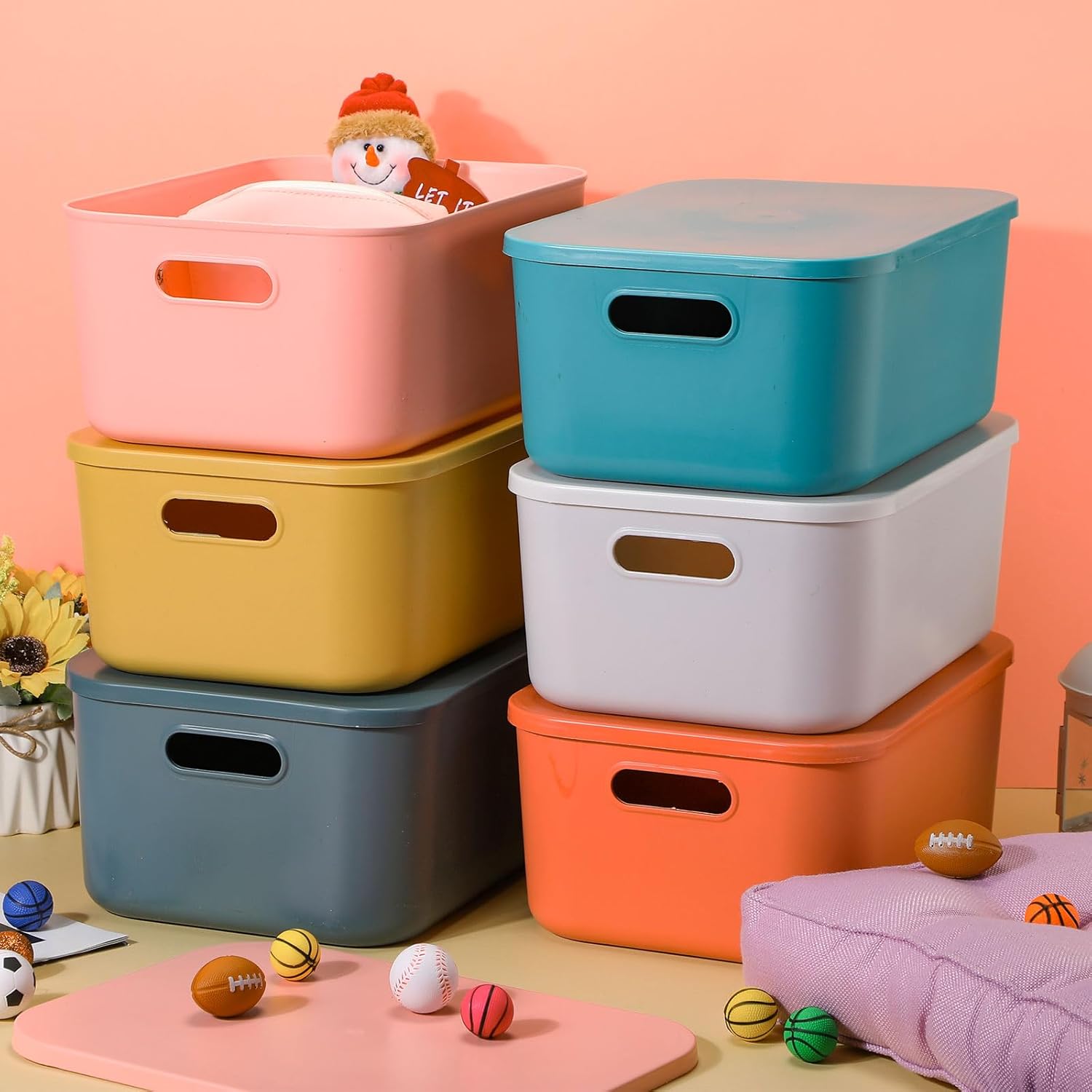6 contenedores de almacenamiento de plástico coloridos de 14 pulgadas, 6 colores, apilables, de gran capacidad, caja de almacenamiento de plástico