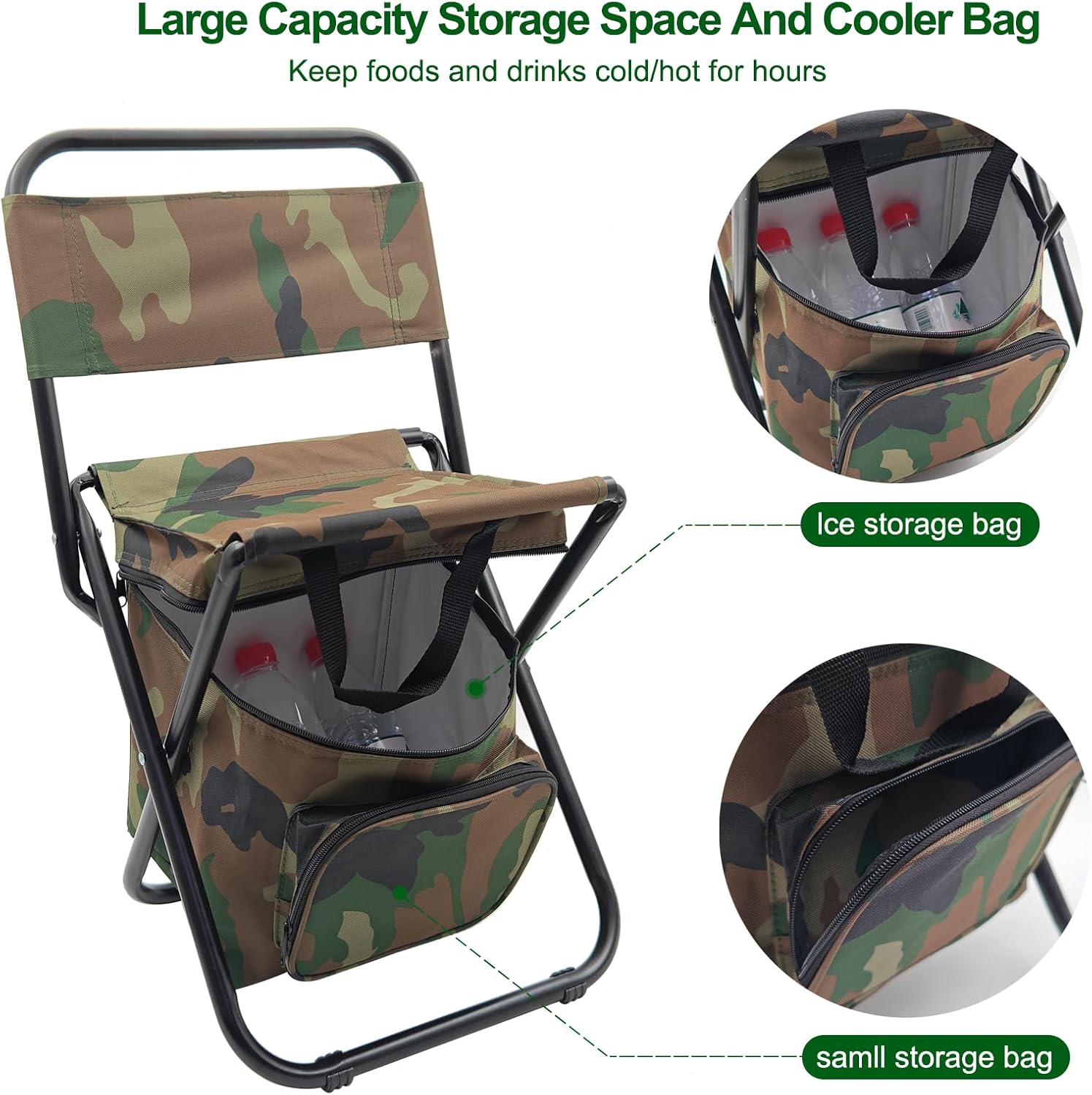 MFBJXC Silla de camping plegable con bolsa refrigeradora, silla de pesca ligera, asiento plegable compacto con respaldo y asa para camping, pesca,