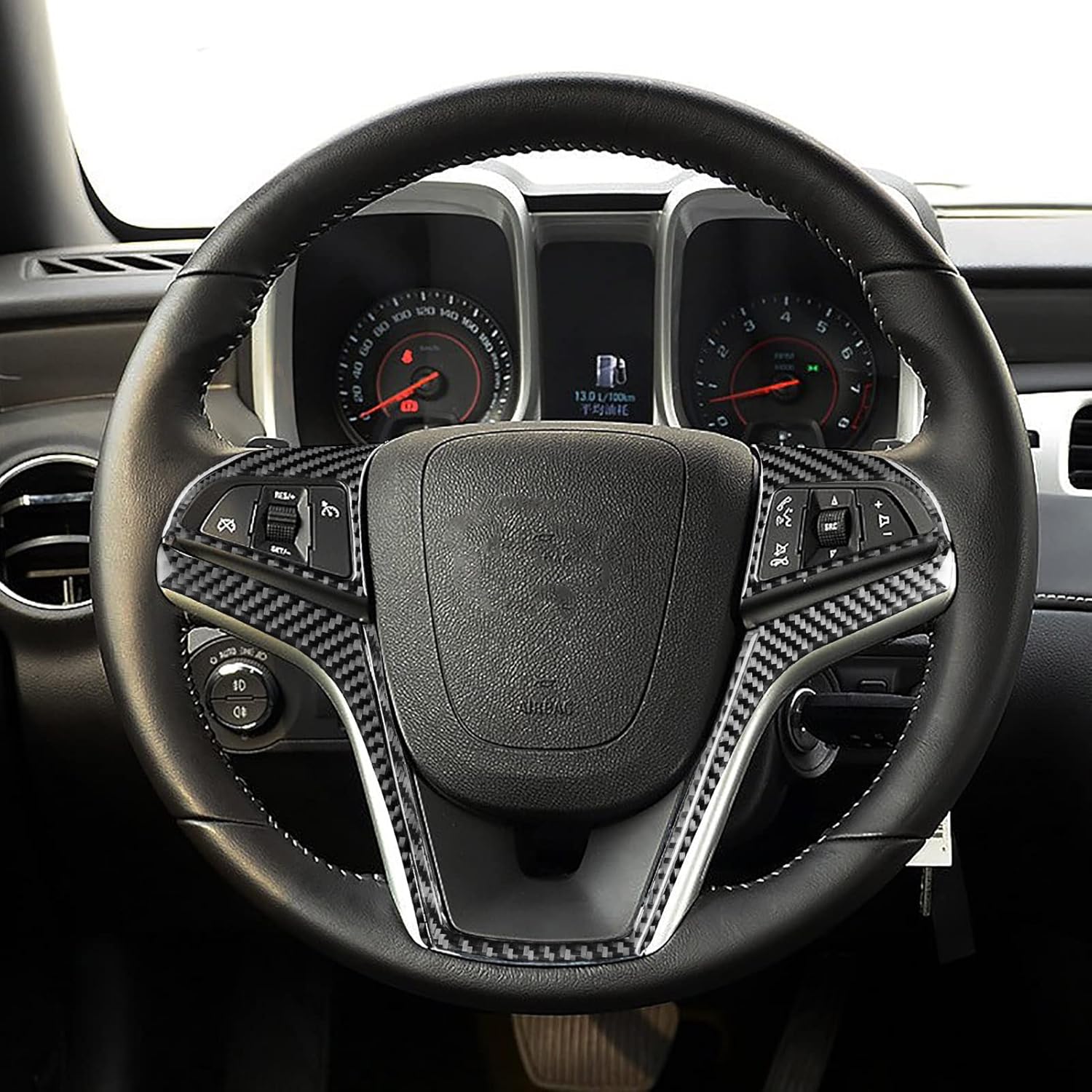 Calcomanía de fibra de carbono suave real para volante de control de botón, decoración interior de automóvil, compatible con Camaro 2012 2013 2014