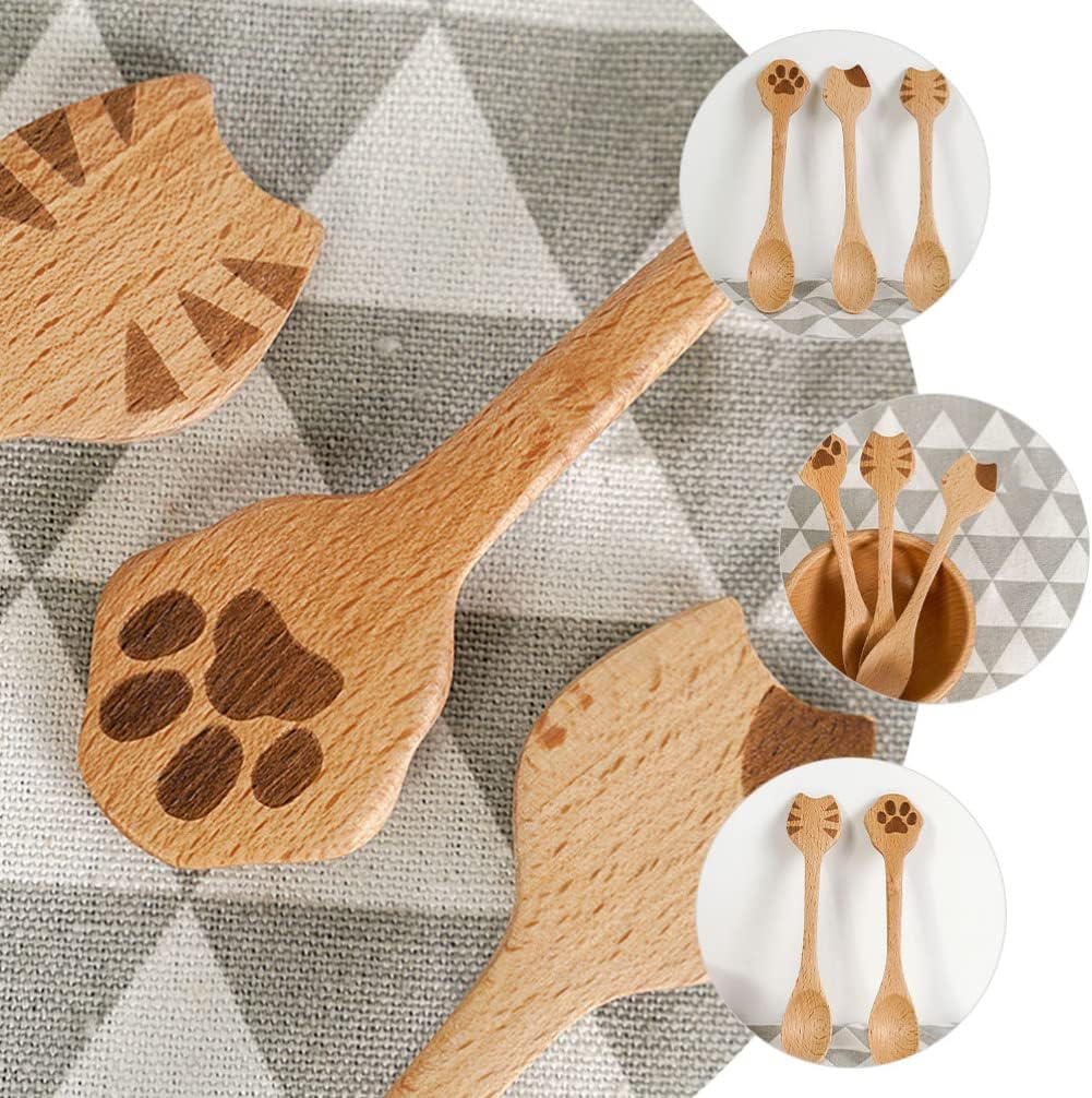 Cucharas de cocina de bambú para gatos, 2 cucharas de café de madera, lindas cucharas de sopa, cucharadita de madera para café, té, mermelada,