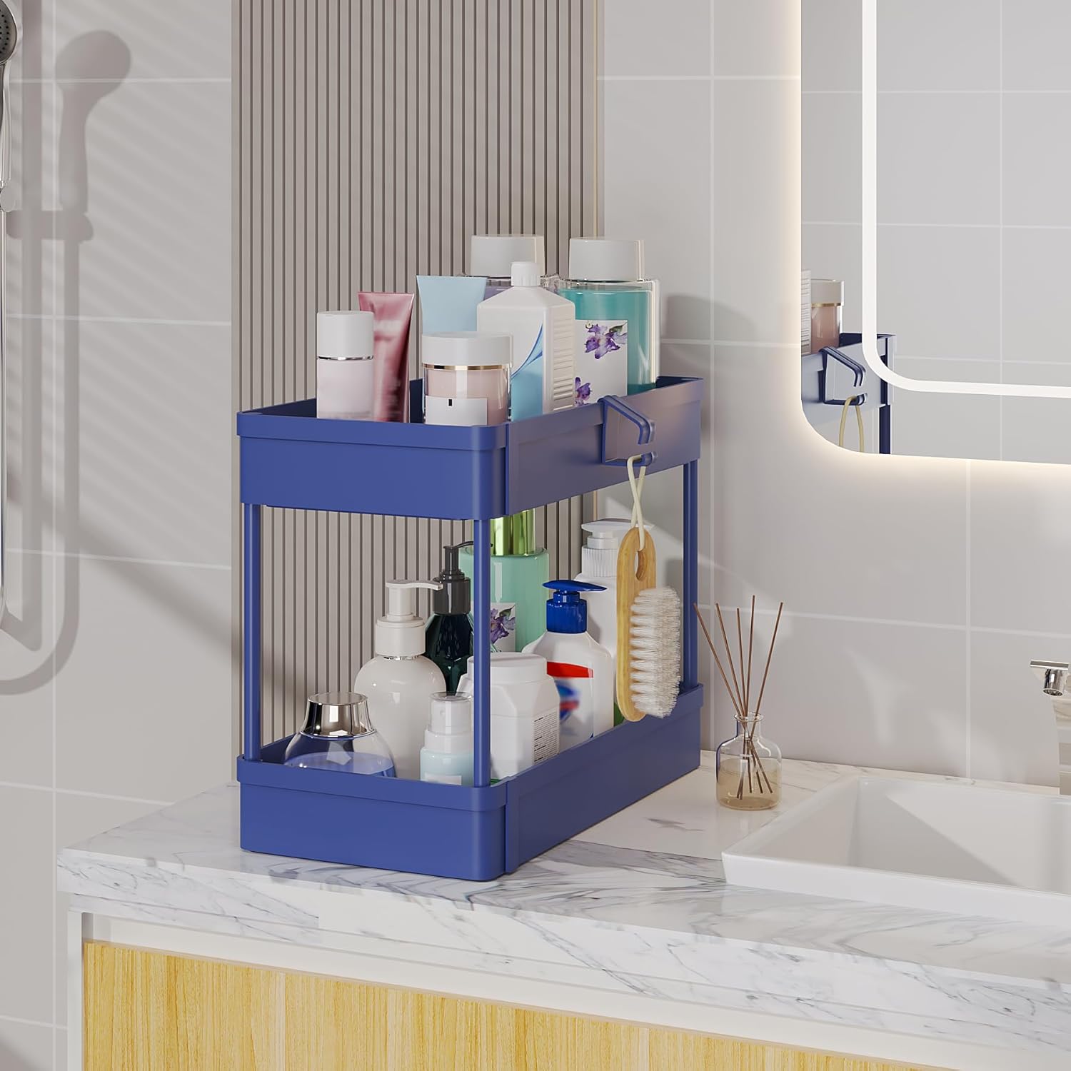 Organizador de almacenamiento para debajo del fregadero, cesta de almacenamiento de 2 niveles para debajo del baño, carrito de almacenamiento