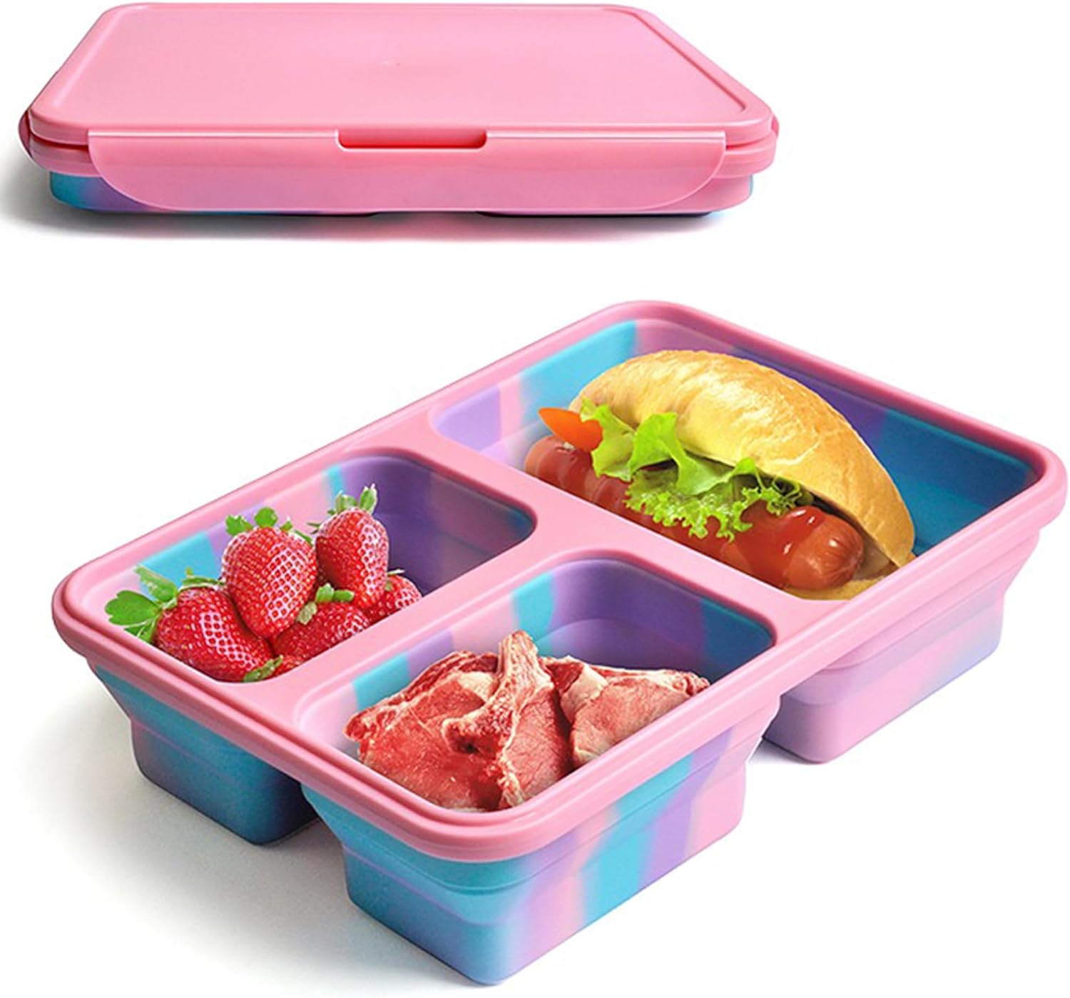 Caja Bento plegable para adultos, niños, 3 compartimentos, hogar, oficina, escuela, trabajo, comidas para llevar, almuerzo, aperitivos, portátil,