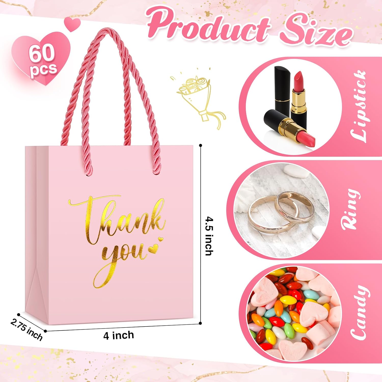 60 bolsas pequeñas de regalo de agradecimiento con asas de 4 x 2.75 x 4.5 pulgadas, papel de aluminio dorado para fiesta de agradecimiento de