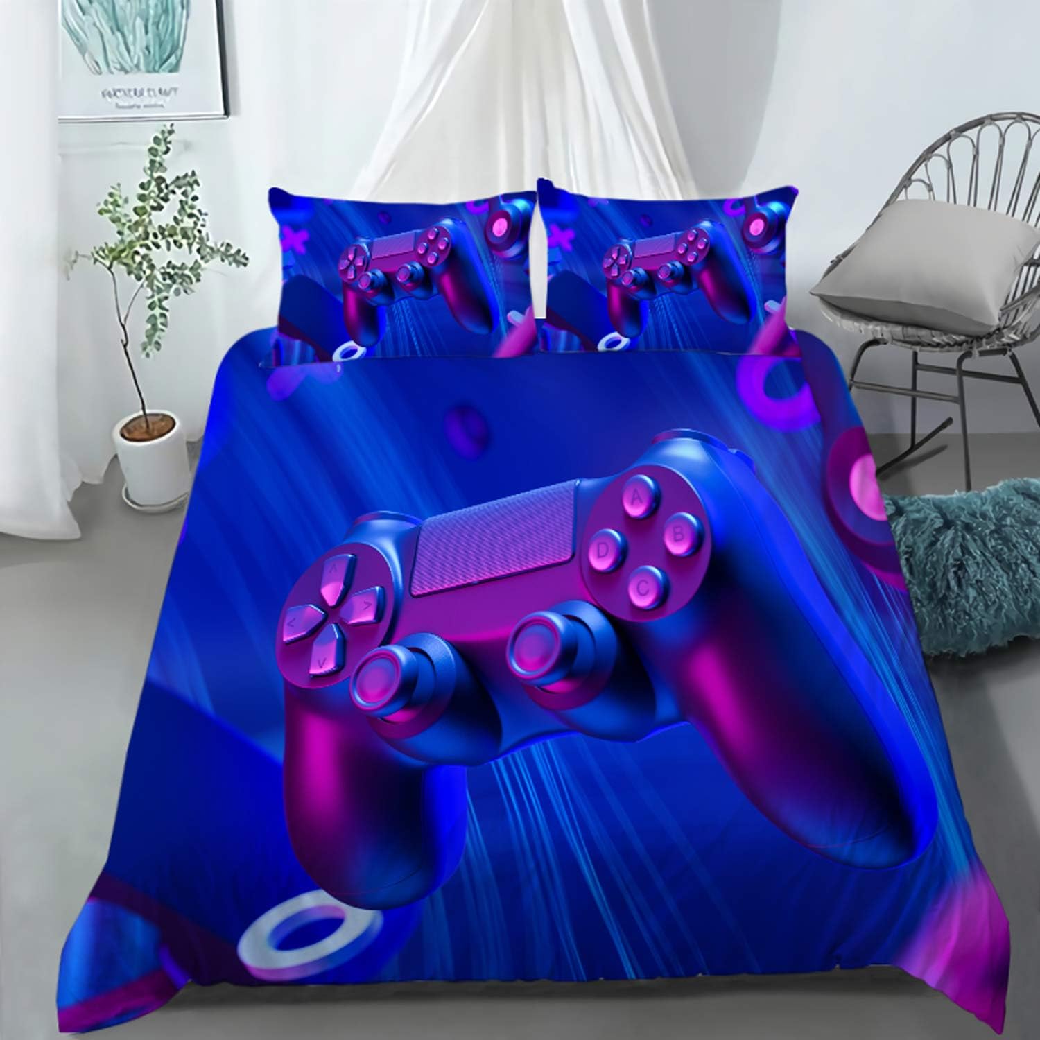 AILONEN – Ropa de cama con estampado de control de videojuegos, para niños, funda de edredón, supersuave y resistente a la decoloración, 3 piezas,