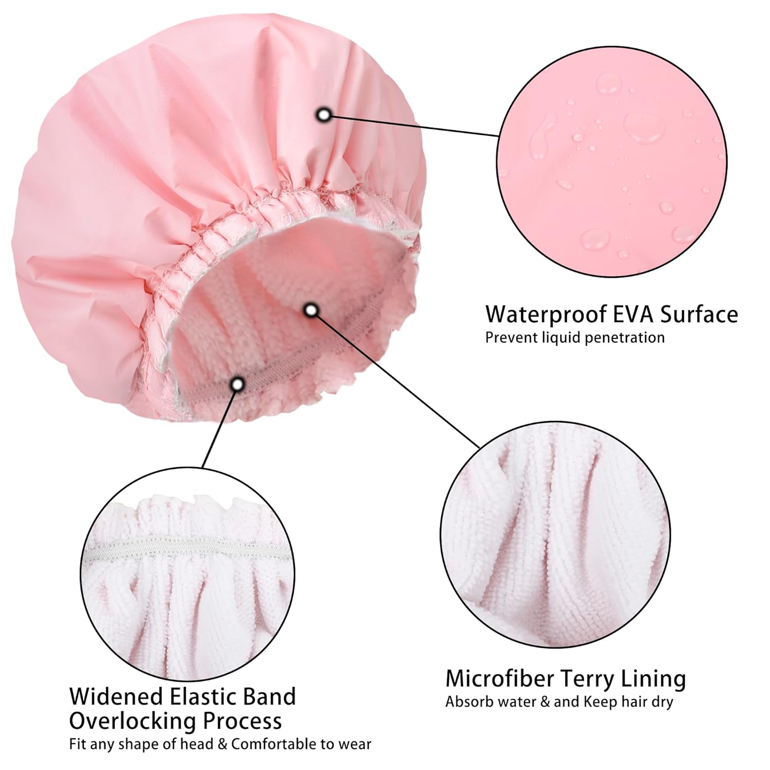 Gorros de ducha para mujer, con forro de tela de toalla de EVA, elástico y reutilizable, doble capa impermeable, gorro de ducha de baño, gorro de