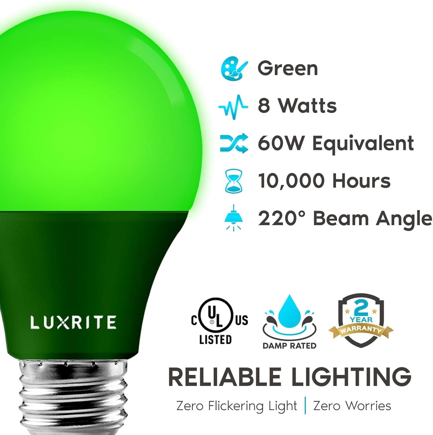 LUXRITE Bombilla LED verde A19, equivalente a 60 W, no regulable, certificación UL, base estándar E26, interior y exterior, porche, Navidad,