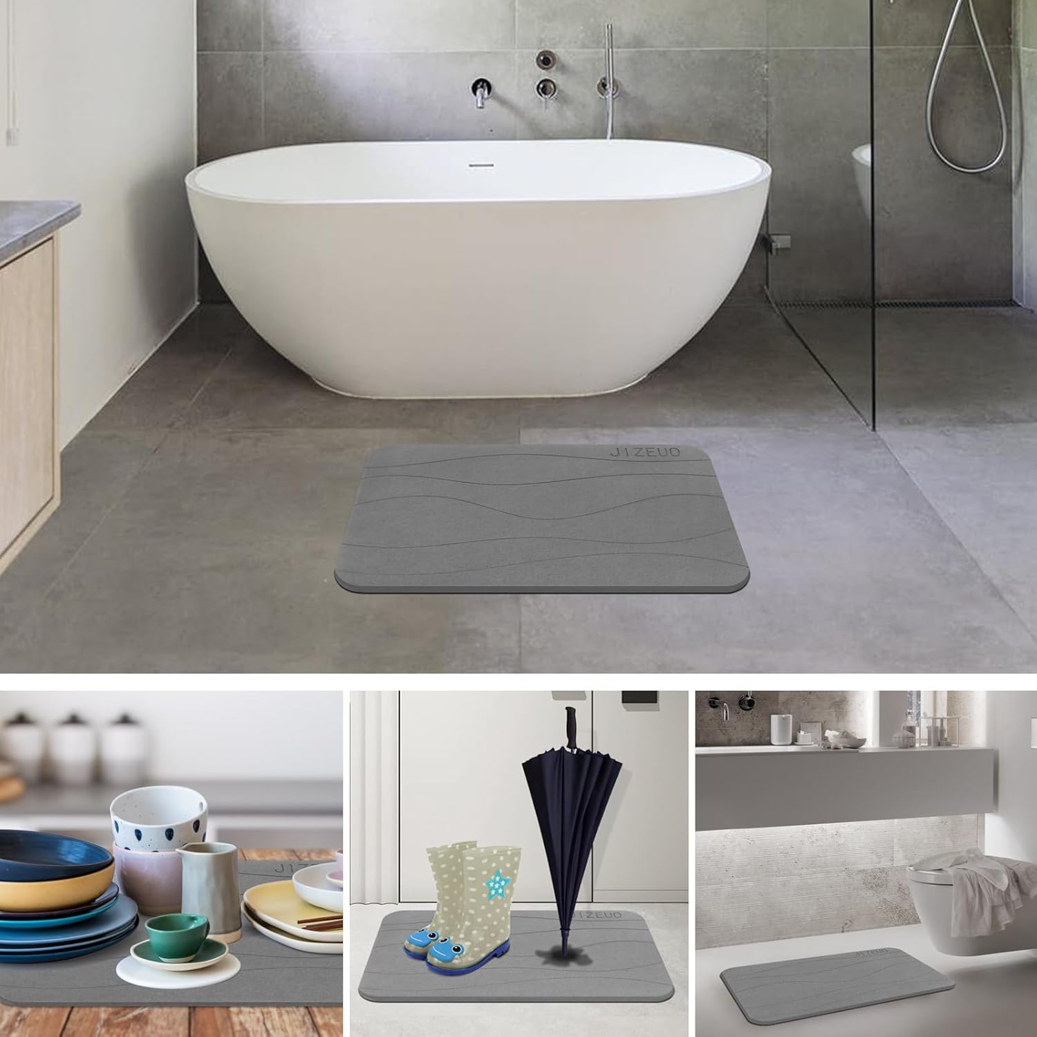 JIZEUO Tapete de baño de piedra, tierra de diatomeas, antideslizante, súper absorbente, de secado rápido, 2 unidades, color gris