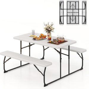 Tangkula Mesa de picnic plegable con 2 bancos, juego de mesa de campamento de metal para exteriores con textura de plástico similar a la madera y Tangkula Mesa de picnic plegable con 2 bancos, juego de mesa de campamento de metal para exteriores con textura de plástico similar a la madera y
