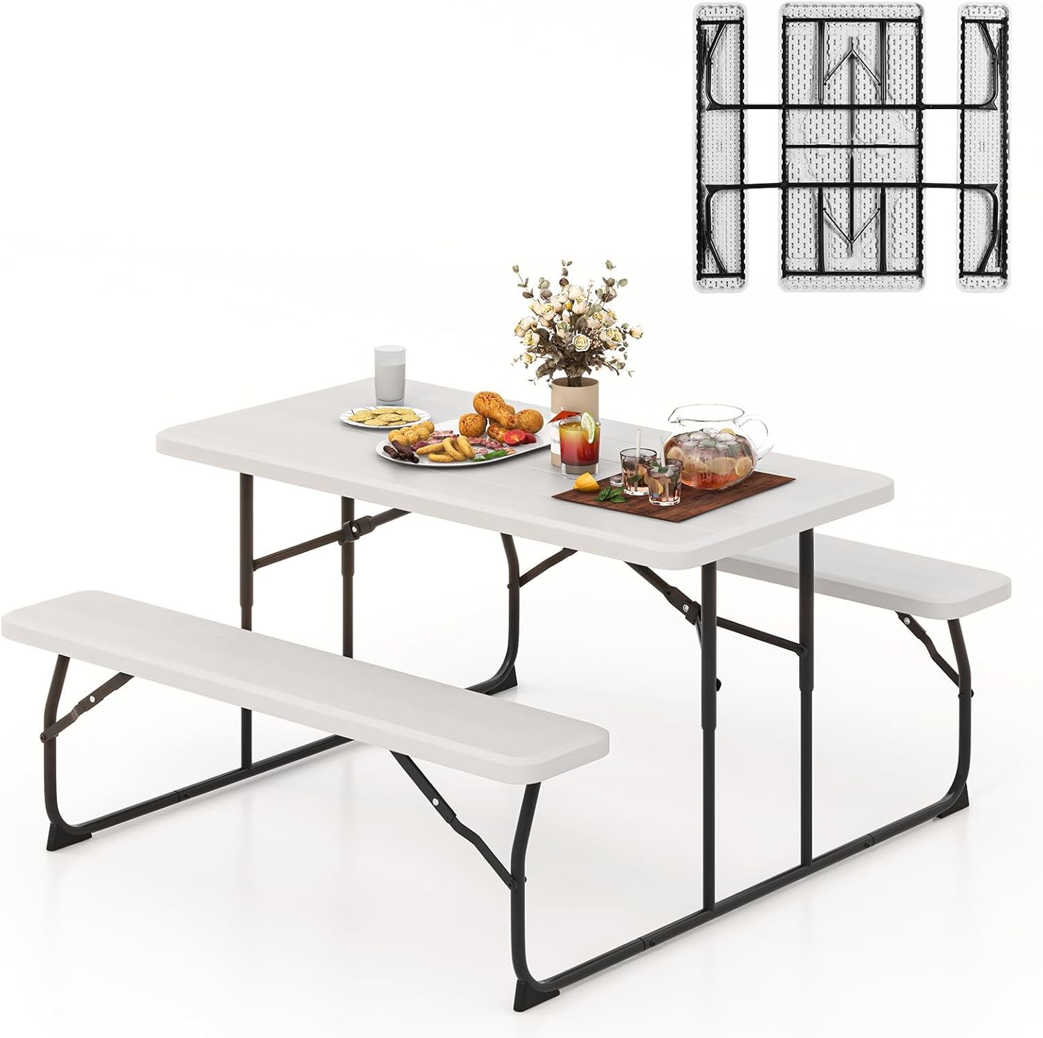 Tangkula Mesa de picnic plegable con 2 bancos, juego de mesa de campamento de metal para exteriores con textura de plástico similar a la madera y
