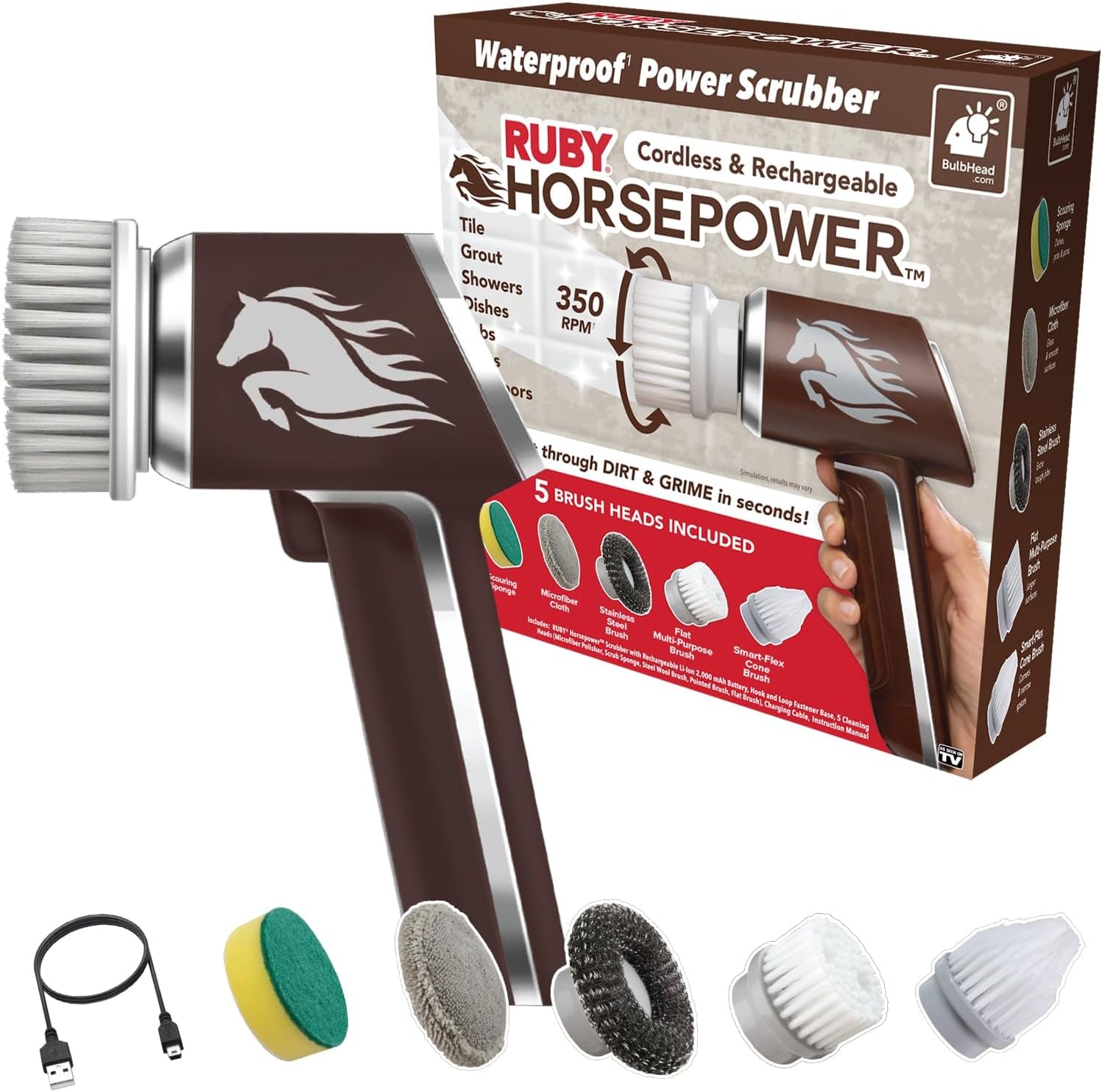 Limpiador de caballos AS-SEEN-ON-TV impermeable recargable de mano 350 RPM incluye 5 cabezales de cepillo, suciedad y mugre, lechada de azulejos,