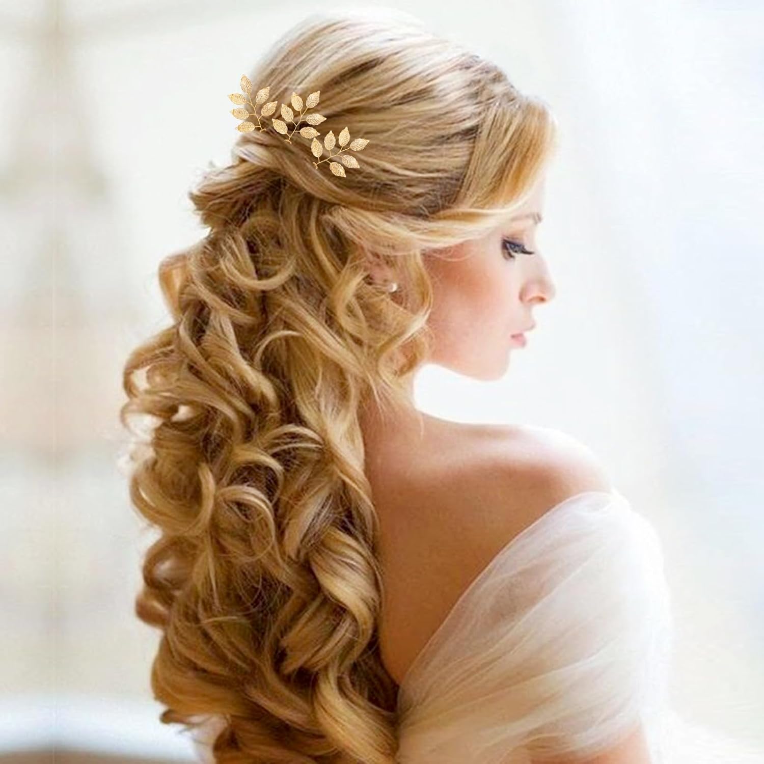 inSowni 12 piezas decorativas para novia, boda, fiesta, graduación, en forma de U, metal dorado, hojas de eucalipto, horquillas para el cabello,