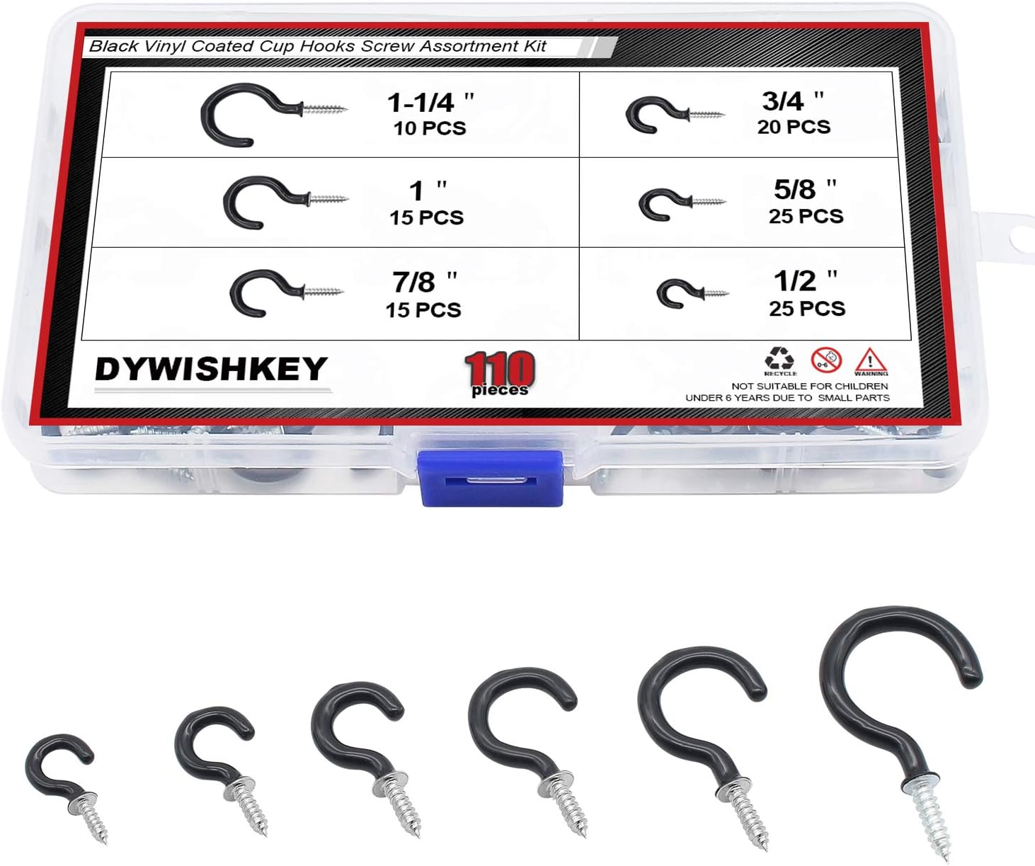 DYWISHKEY Ganchos de tornillo para colgar, 110 unidades, 6 tamaños, juego de ganchos para tazas, ganchos de techo recubiertos de vinilo, ganchos