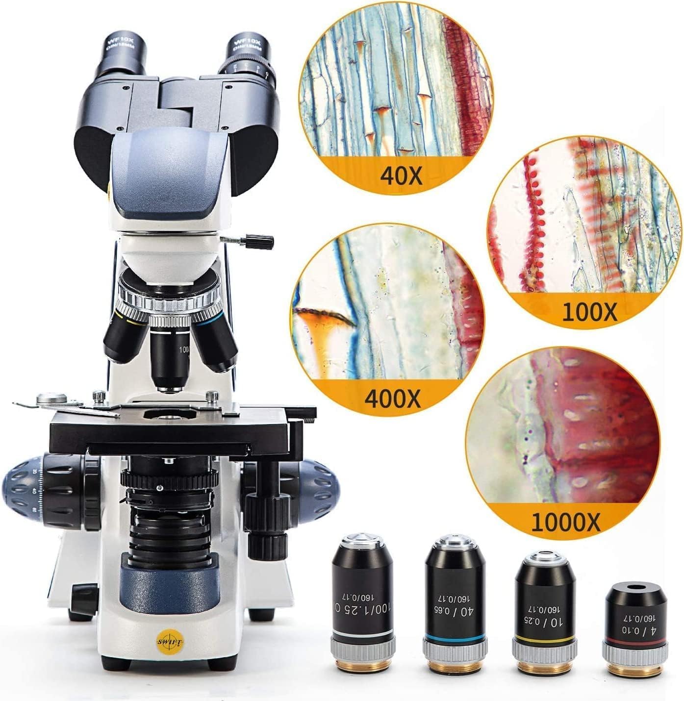Swift Microscopio compuesto binocular SW380B con cámara de 1.3MP y 5 diapositivas preparadas+5 diapositivas en blanco, 40X-2500X, etapa mecánica