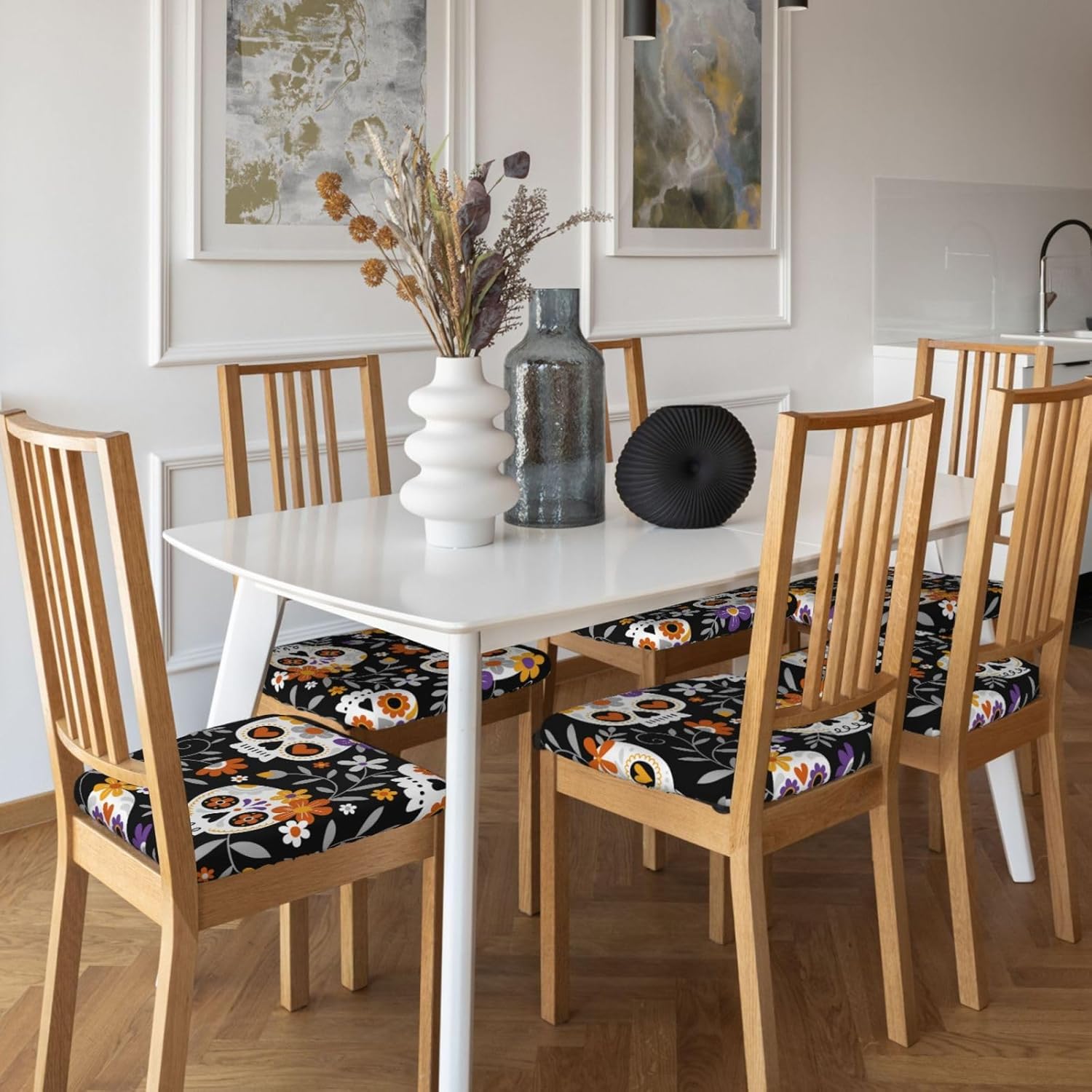 Juego de 4 fundas de cojín para sillas de comedor de calaveras y flores, extraíbles y lavables, fundas para sillas de comedor, reutilizables, para