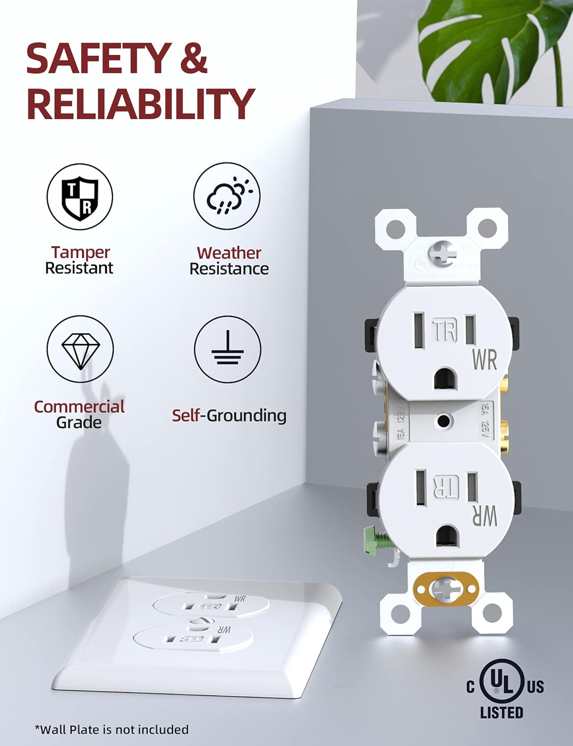 AIDA Toma de corriente dúplex, tomas TR y WR, residencial, 3 cables, conexión a tierra, 15 amperios 125 V, certificación UL, blanco (paquete de 10)
