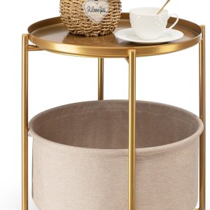 danpinera Mesa auxiliar redonda con cesta de almacenamiento de tela, paquete de 2, mesa auxiliar de metal, mesita de noche pequeña con bandeja danpinera Mesa auxiliar redonda con cesta de almacenamiento de tela, paquete de 2, mesa auxiliar de metal, mesita de noche pequeña con bandeja