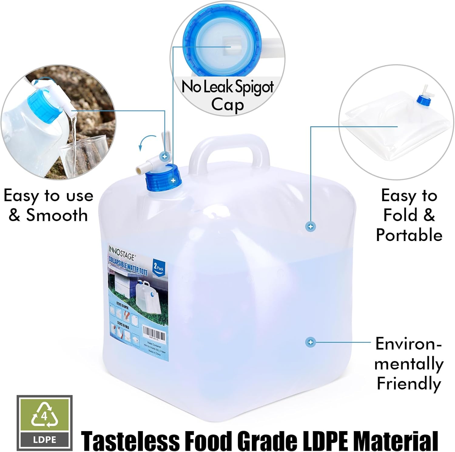 INNO STAGE Contenedor de agua plegable de 2.6 galones con espita, cantina de agua plegable, jarra portátil de almacenamiento de agua para acampar al