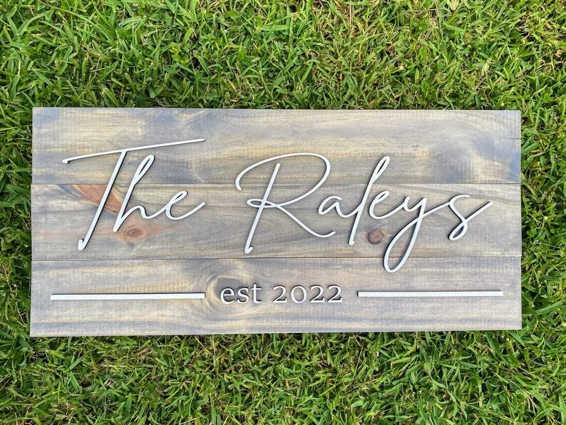 Personzalized 3D Style Effect Wood Sign for Easy Customization and Family Name Wedding Gift (White Text – Gray Stain)