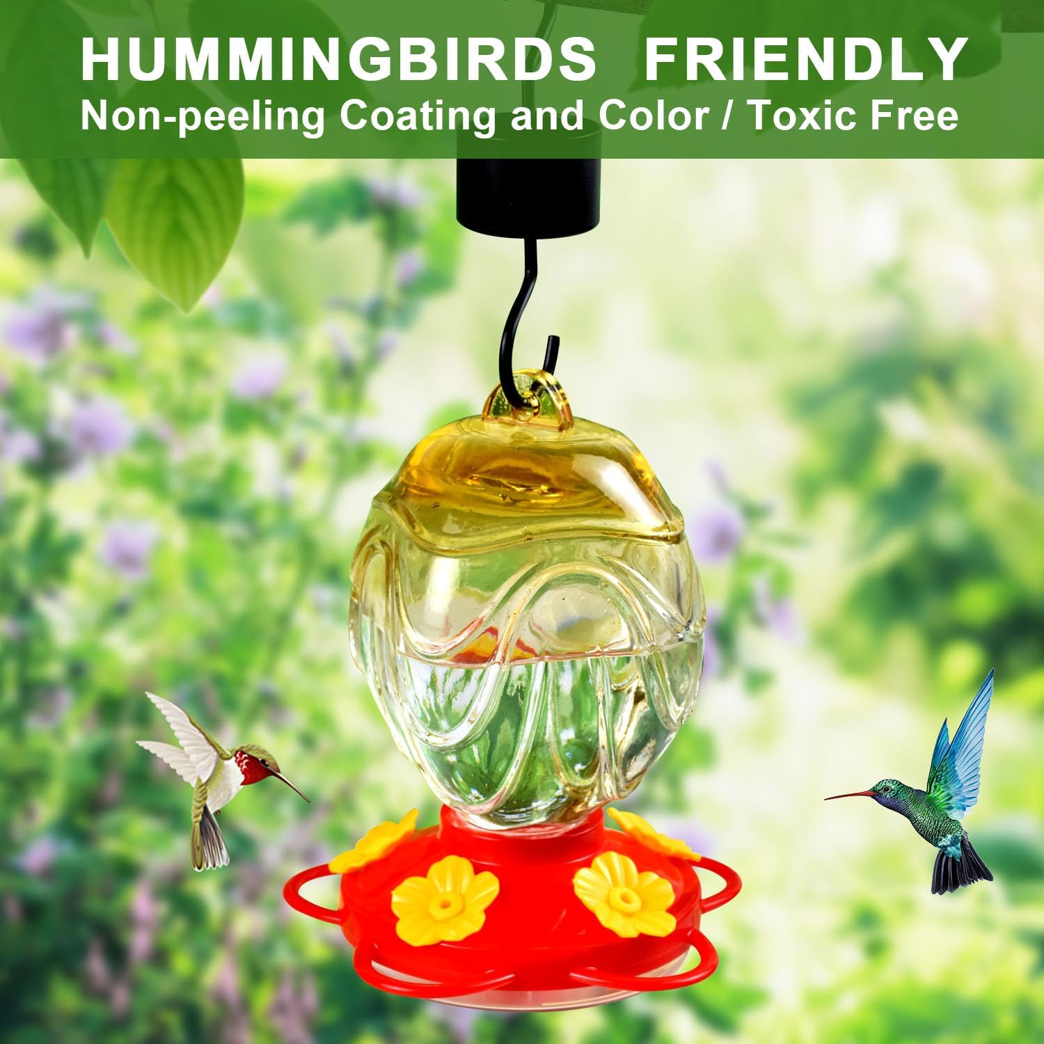 Comederos de vidrio para colibríes para colgar al aire libre, 15 onzas, sellados y a prueba de fugas, fáciles de limpiar y llenar, con foso de