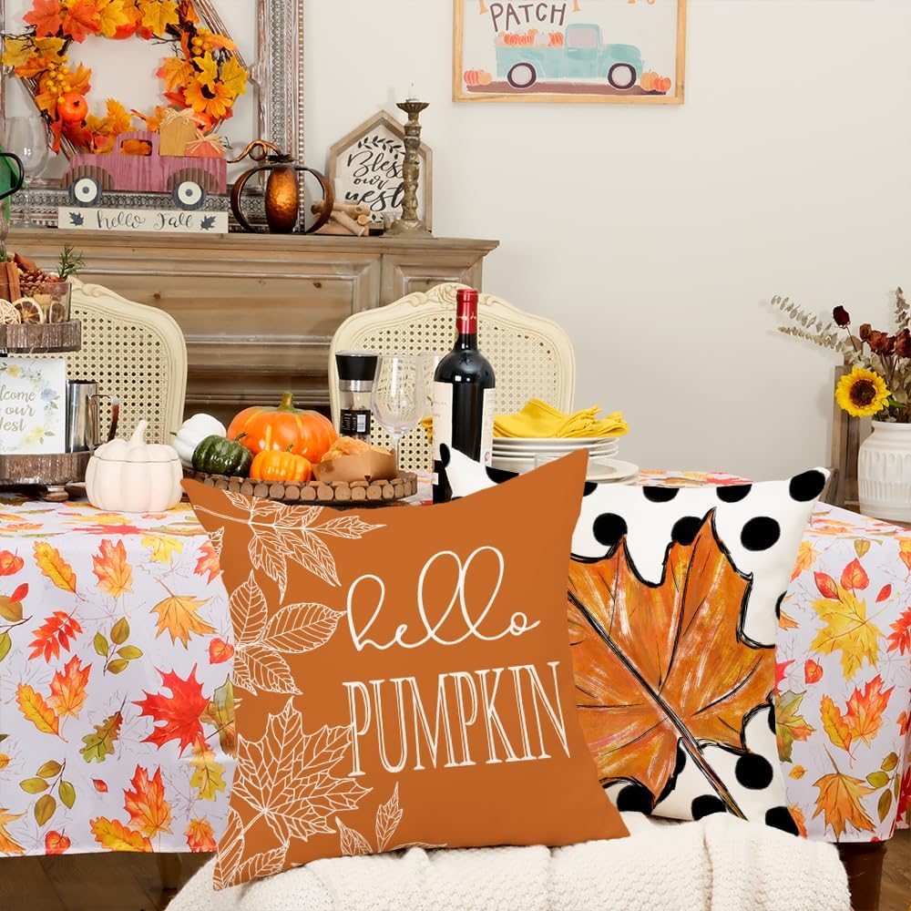 GEEORY Juego de 4 fundas de almohada de otoño de 18 x 18 pulgadas, diseño de hojas de arce con diseño de calabaza y texto en inglés “Hello Pumpkin”,
