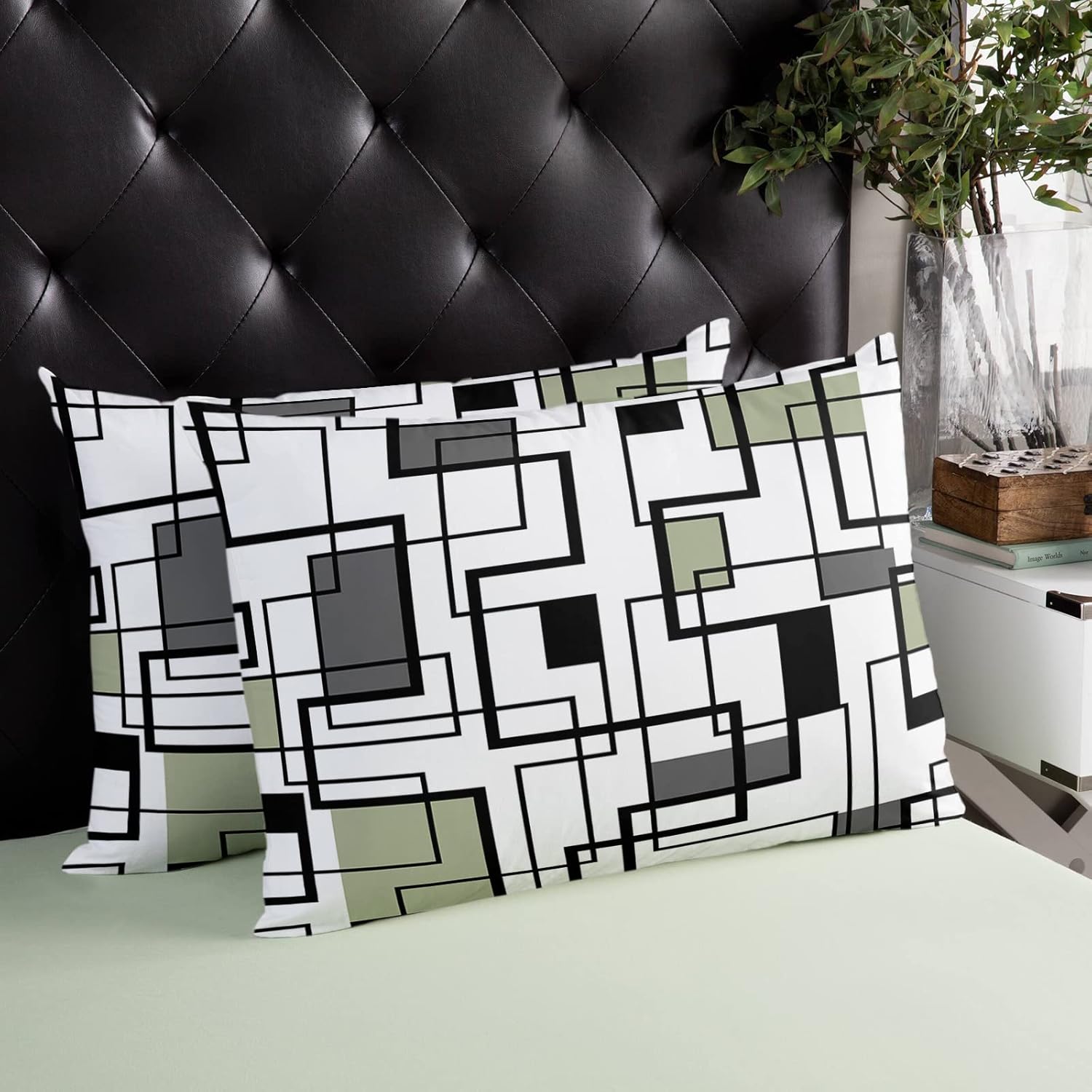 Sage Green Geometric Pillow Covers, Linen Long Throw Pillow Case, Black Gray Modern Abstract Art Holiday Pillow Protector Decorative Cushion Cover