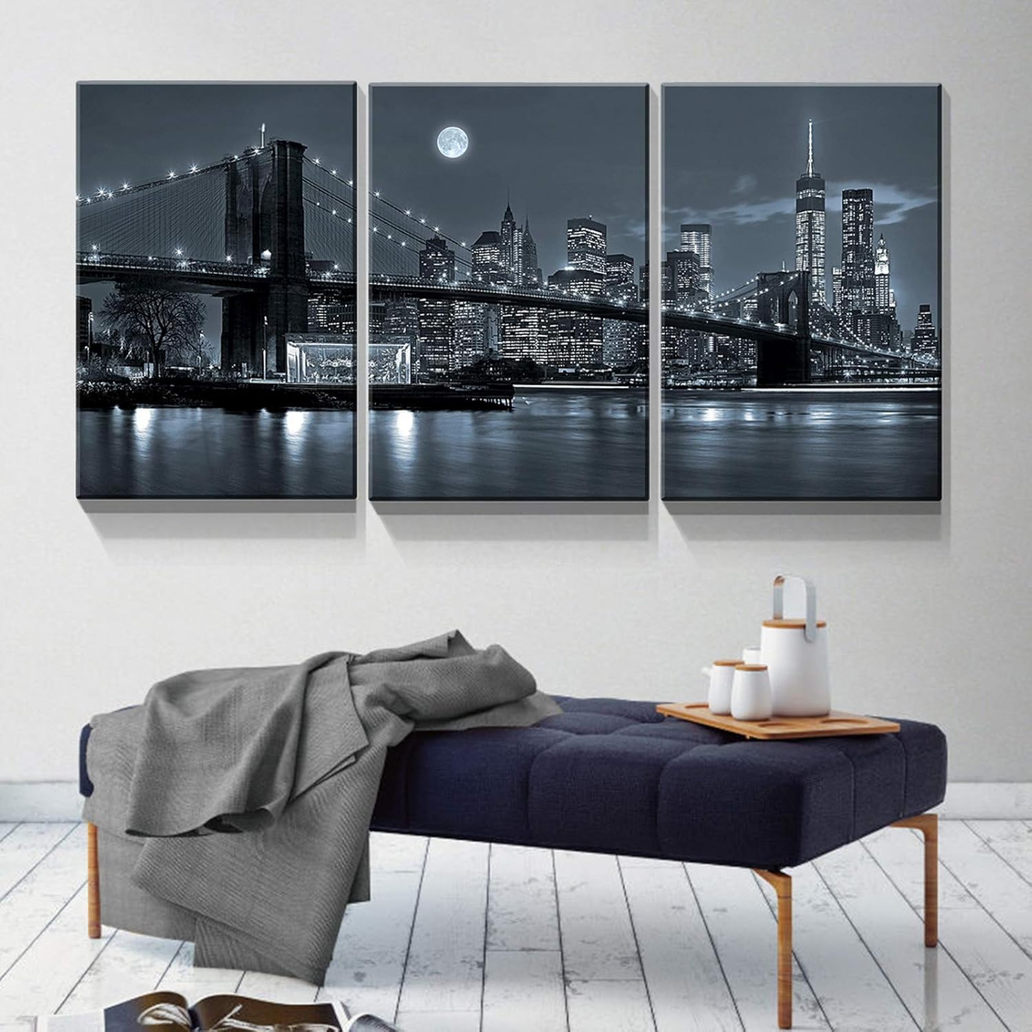 Denozer – 3 paneles de impresiones artísticas en lienzo – Impresiones modernas de Nueva York, paisaje urbano, puente de Brooklyn, arte de pared para