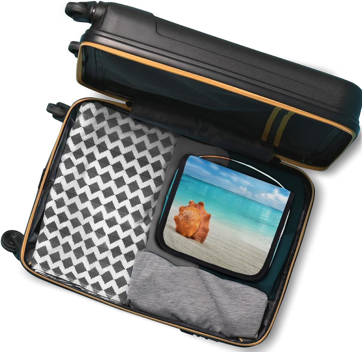 QsirBC Shell – Neceser de playa para mujer, organizador de maquillaje de viaje con gancho para colgar, bolsas de cosméticos de viaje para accesorios