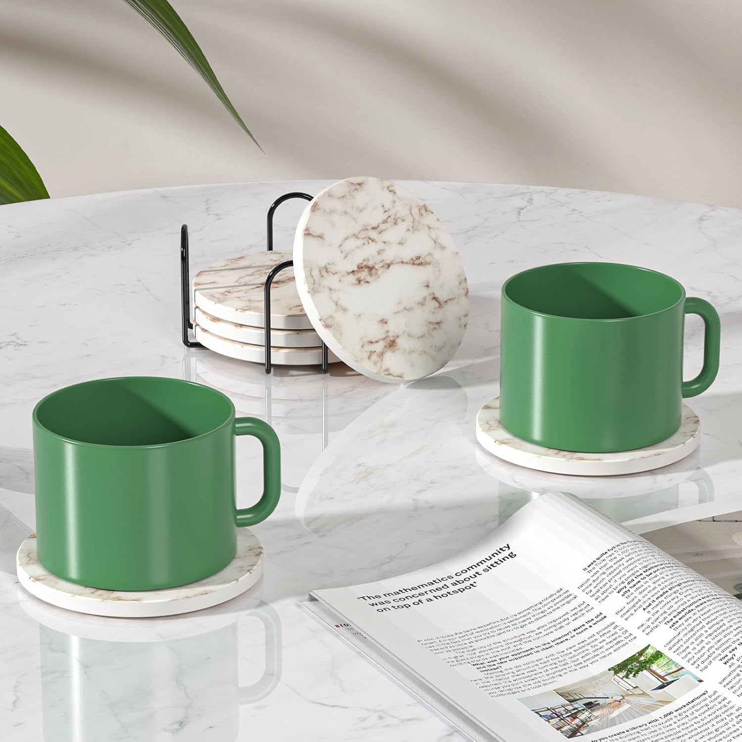 Posavasos absorbentes con soporte, juego de 6 posavasos absorbentes, posavasos de ágata de cerámica con mármol y base de corcho para mesa de café,