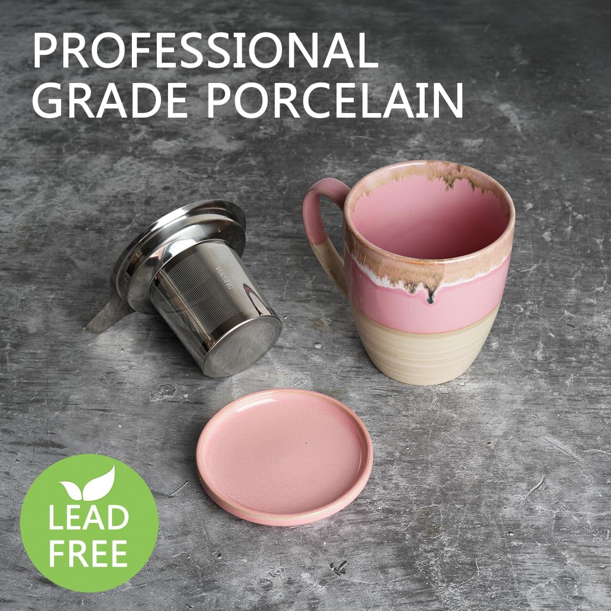 Bosmarlin Taza de té de cerámica con infusor y tapa, 16 onzas, apta para lavavajillas y microondas, 5 colores para elegir, esmalte reactivo, taza de