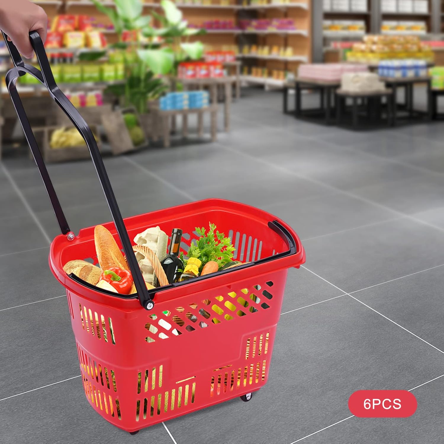 6 cestas de compras para tienda minorista, supermercado, carritos de compras con ruedas, gran capacidad de 35 l9.2 gal (rojo)