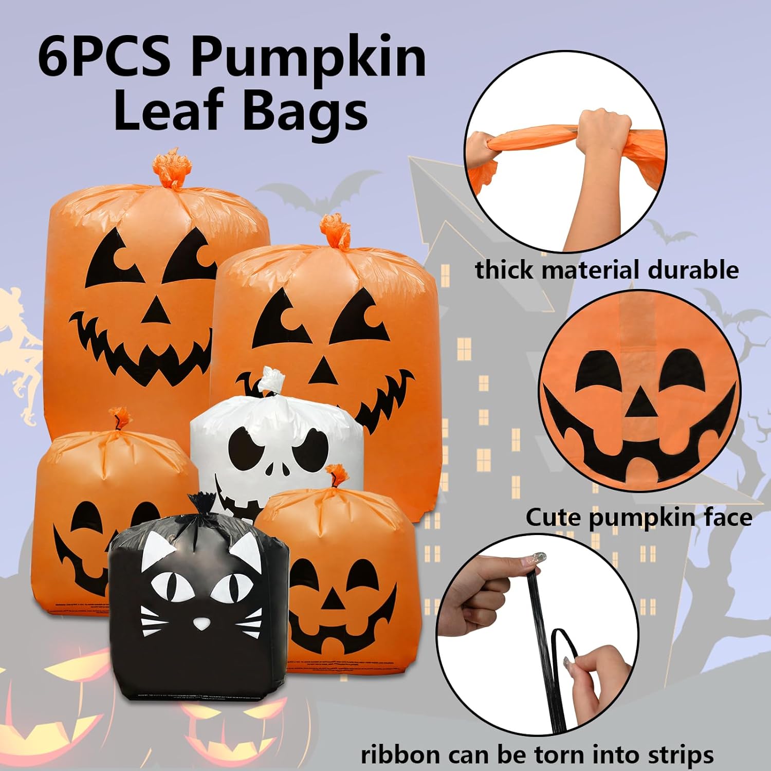 6 bolsas de calabaza de Halloween para césped, incluye 2 bolsas de 48 x 36 pulgadas de calabaza sonriente y 4 bolsas de basura de Halloween de 30 x