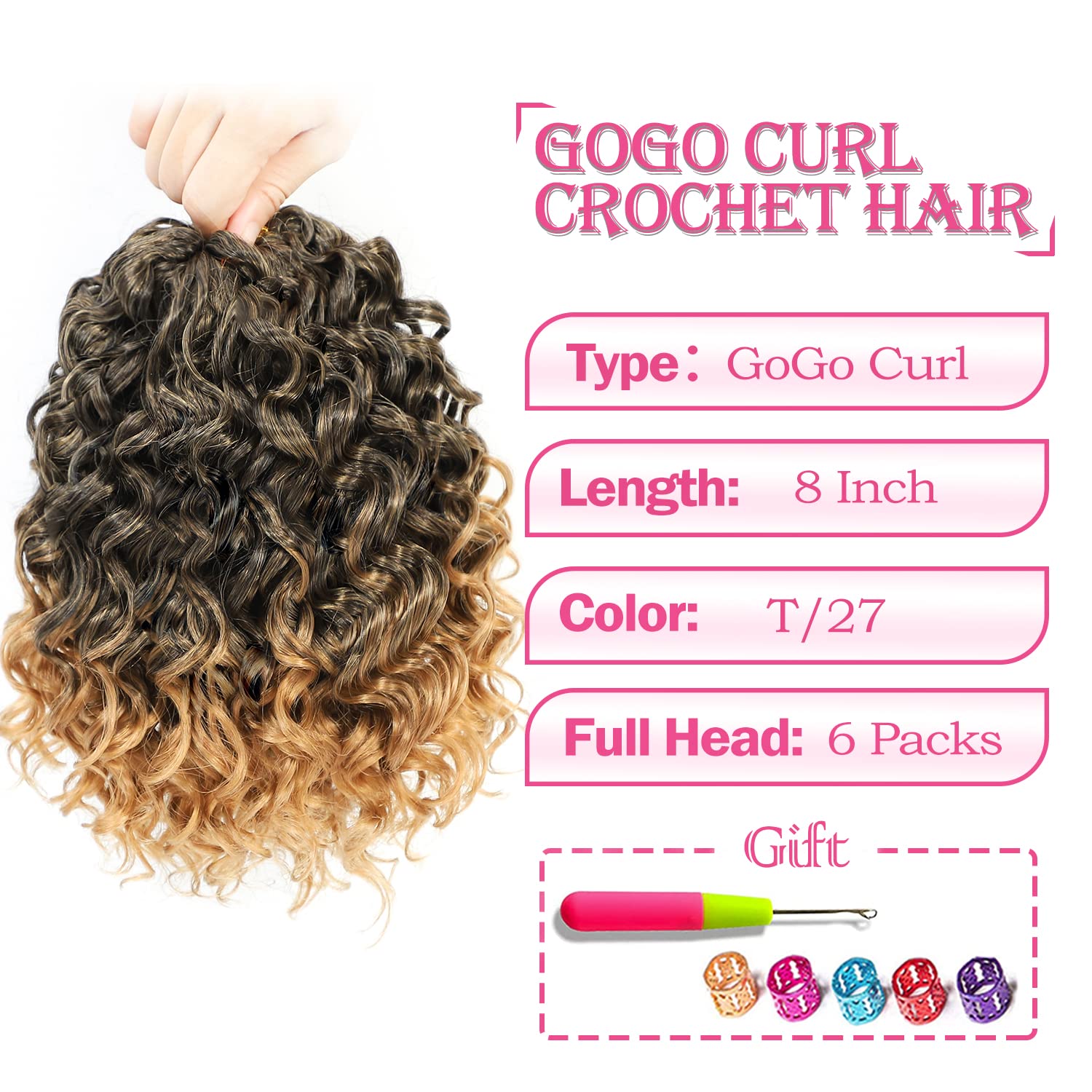 Gogo – Cabello rizado de ganchillo de 8 pulgadas, paquete de 6 paquetes, cabello corto y rizado de ganchillo para mujeres negras, rizos de playa,