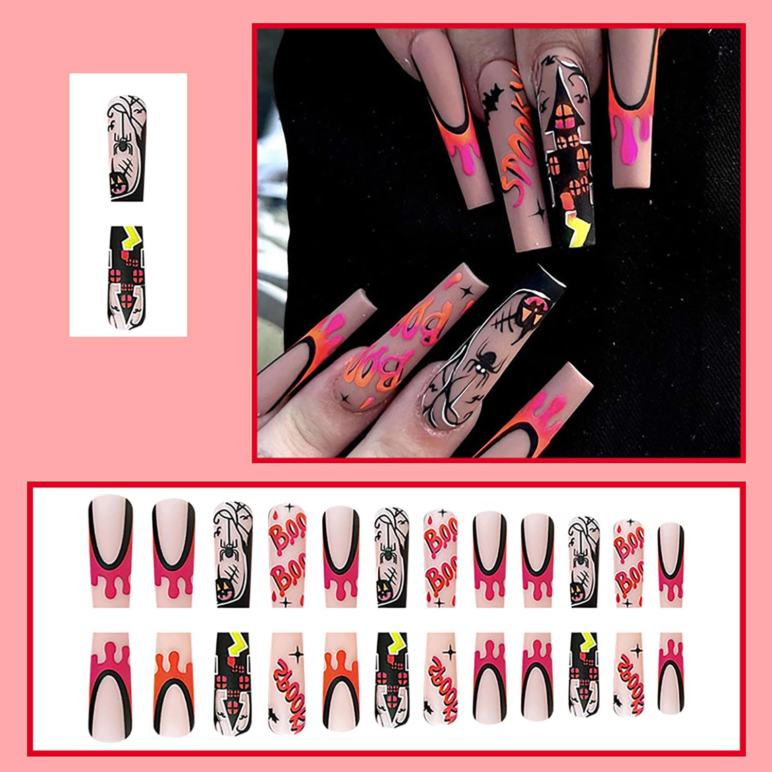 Uñas postizas cuadradas a presión de Halloween, con punta francesa con diseño de casa terrorista y araña, uñas postizas coloridas, graffiti, uñas