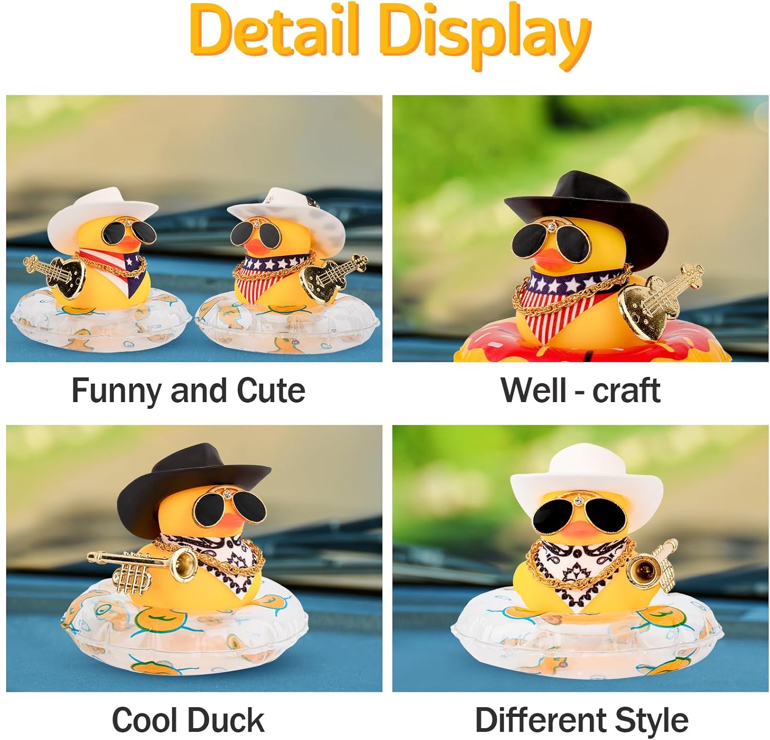 wonuu Adorno de pato para automóvil, accesorios de goma con lentes de sol, sombrero, collar, anillo de natación y mini instrumentos musicales,