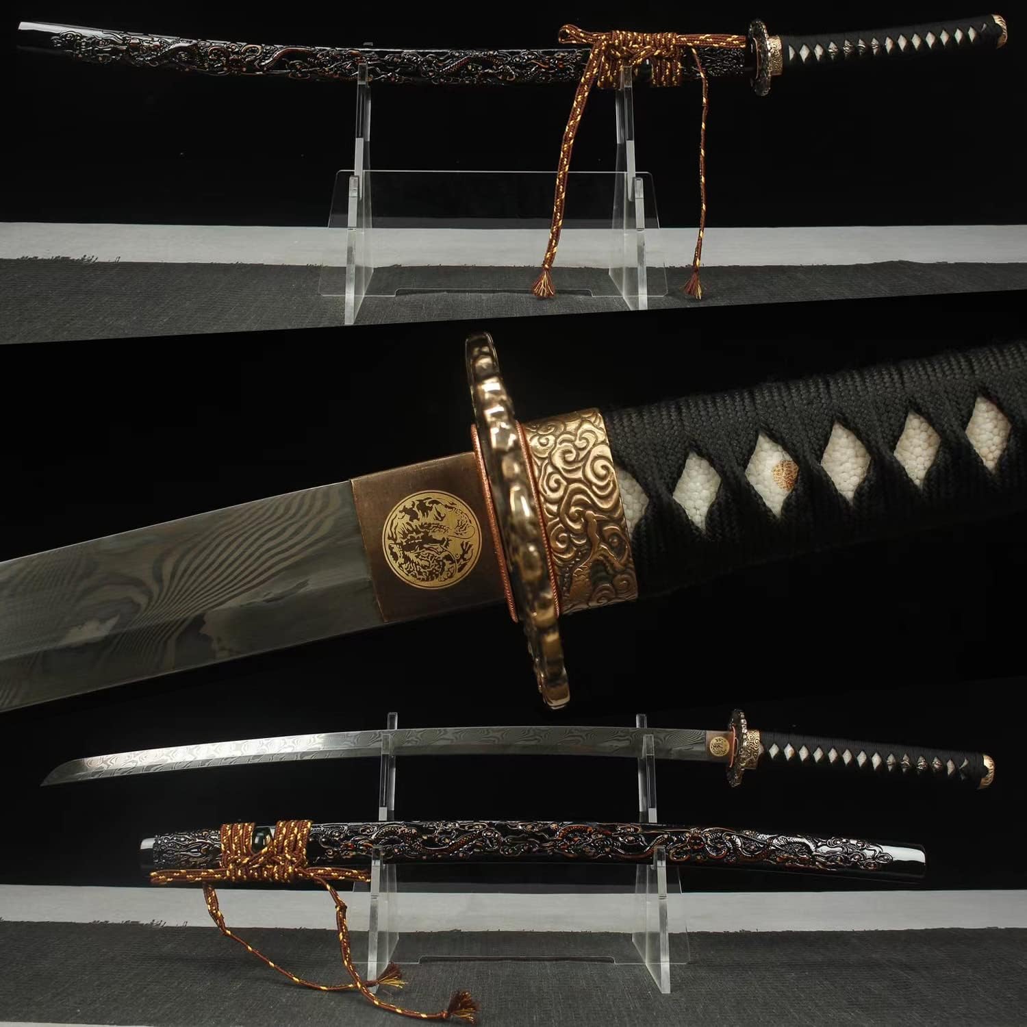 HERO SWORD Katana del Rey Dragón de acero de Damasco forjado a mano, espiga completa, espada samurái real afilada, auténtica arma japonesa,