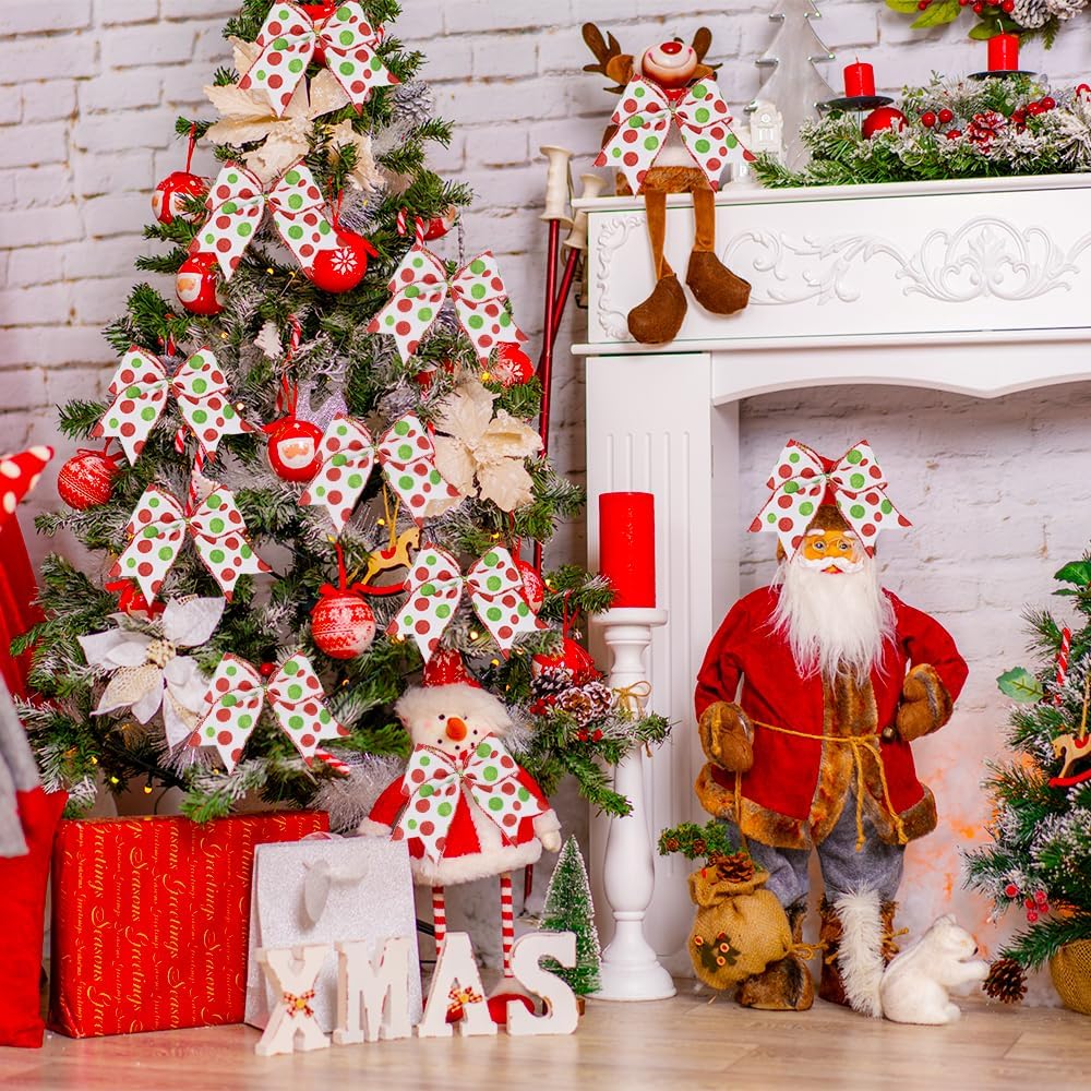 12 lazos de Navidad para decoración de 6.3 pulgadas, lazos grandes de corona de Navidad, lazos de árbol de Navidad rojo y verde, lazos de punto con