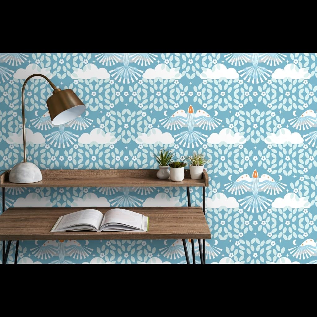 Spoonflower Commercial Grade Wallpaper Swatch – Blue Sky Folk Art Orange Aqua Maximalist Magic Lucid Dreaming Scandi Scandinavian Mystical Large