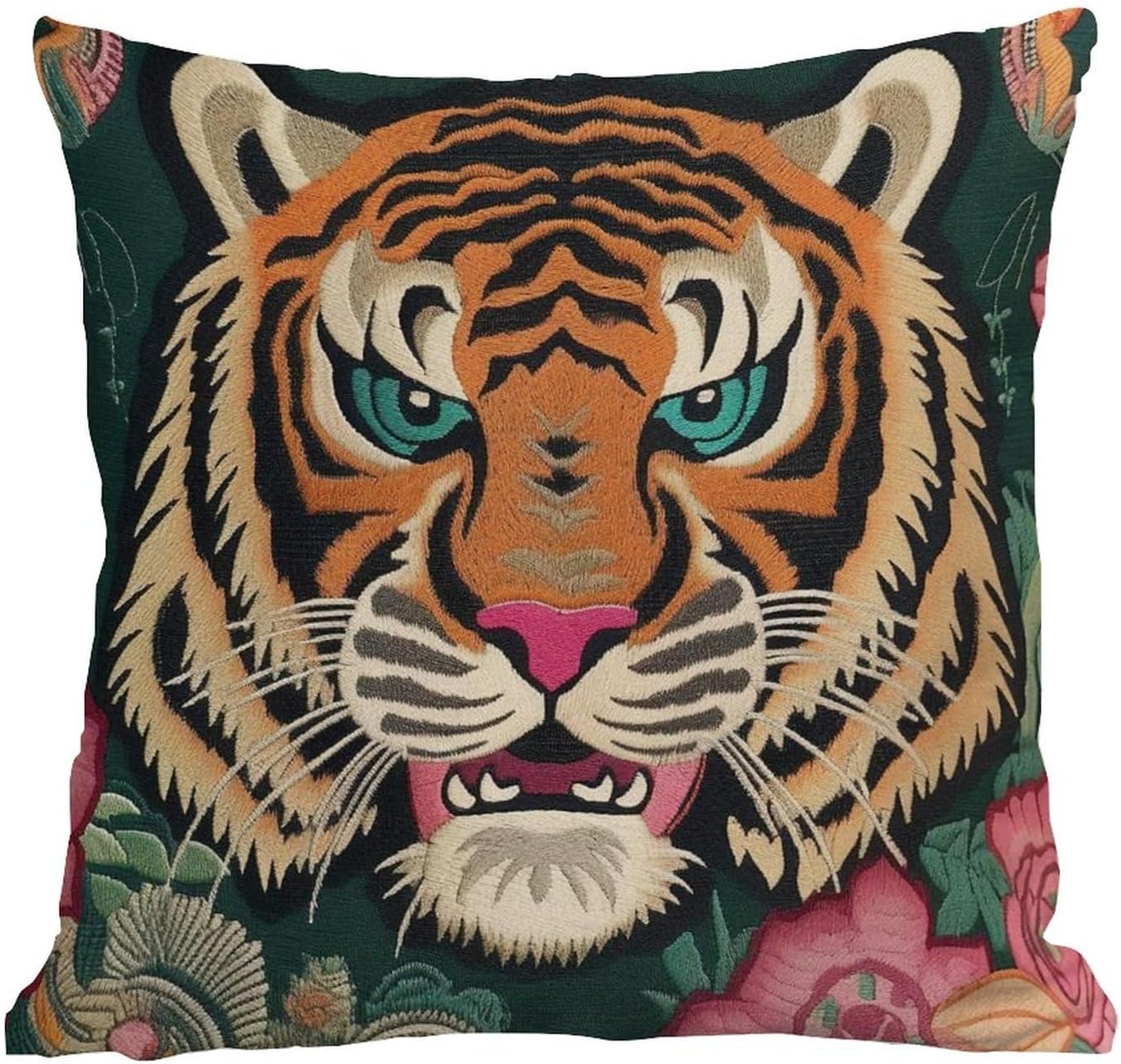 Funda de almohada con estampado de tigre, color rosa, verde y turquesa, negro, funda de almohada colorida de animales chinoiserie, 18 x 18 pulgadas,