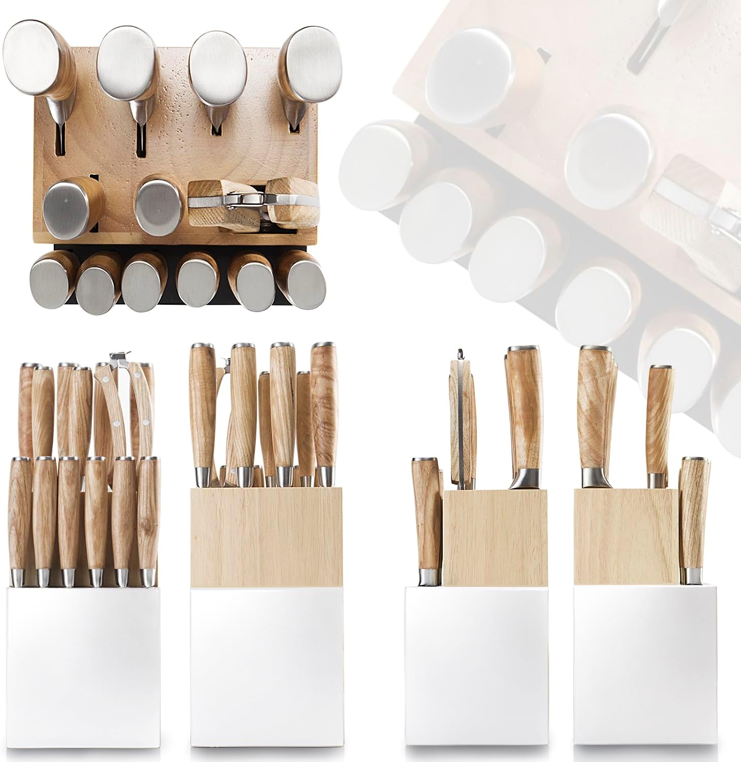 Kangdelun Natura Series – Juego de 14 bloques de cuchillos, acero inoxidable de alto carbono ultra afilado con mango de madera