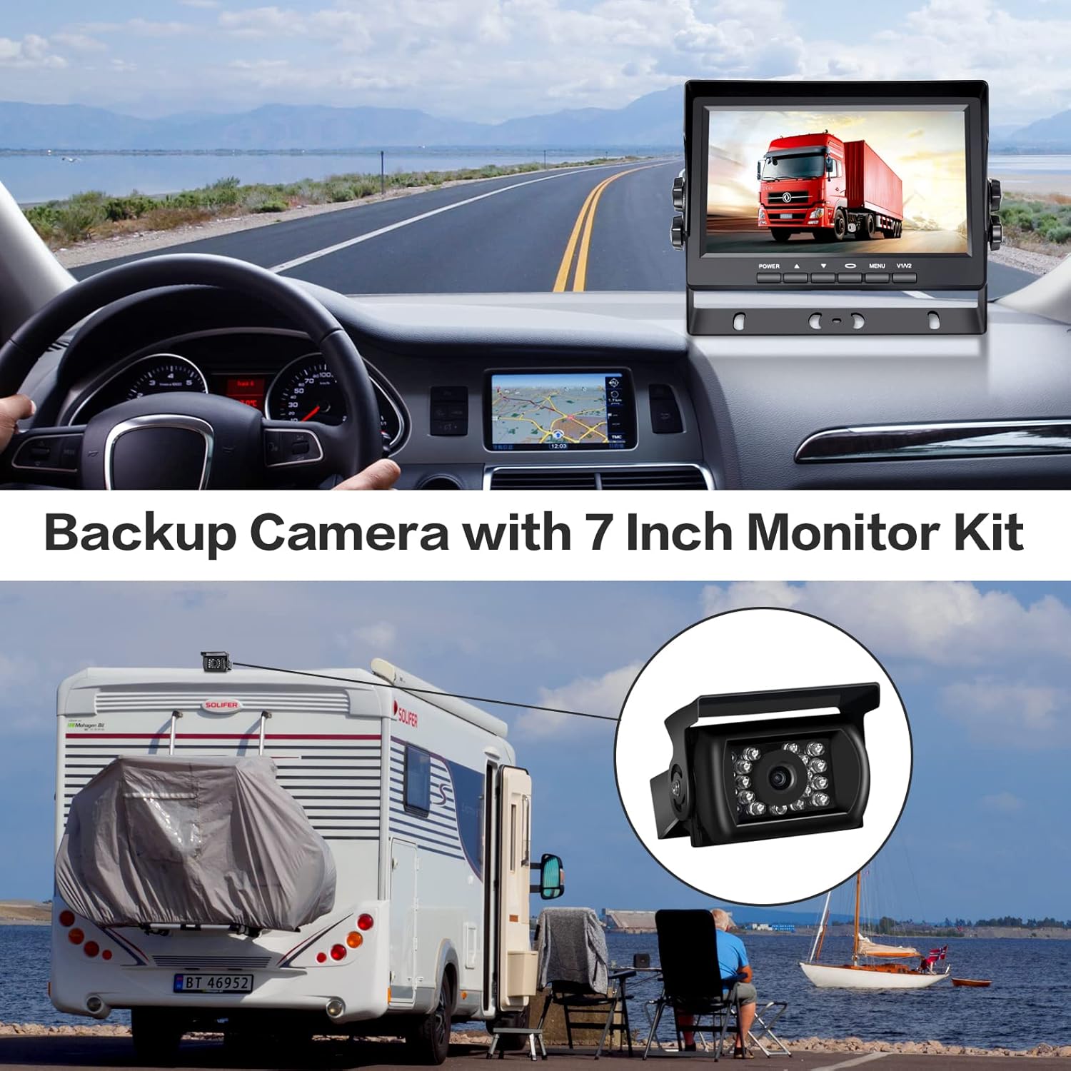 Cámara de respaldo RV con kit de monitor HD de 7 pulgadas, IP68, impermeable, cámara de visión trasera infrarroja, sistema de cámara de respaldo