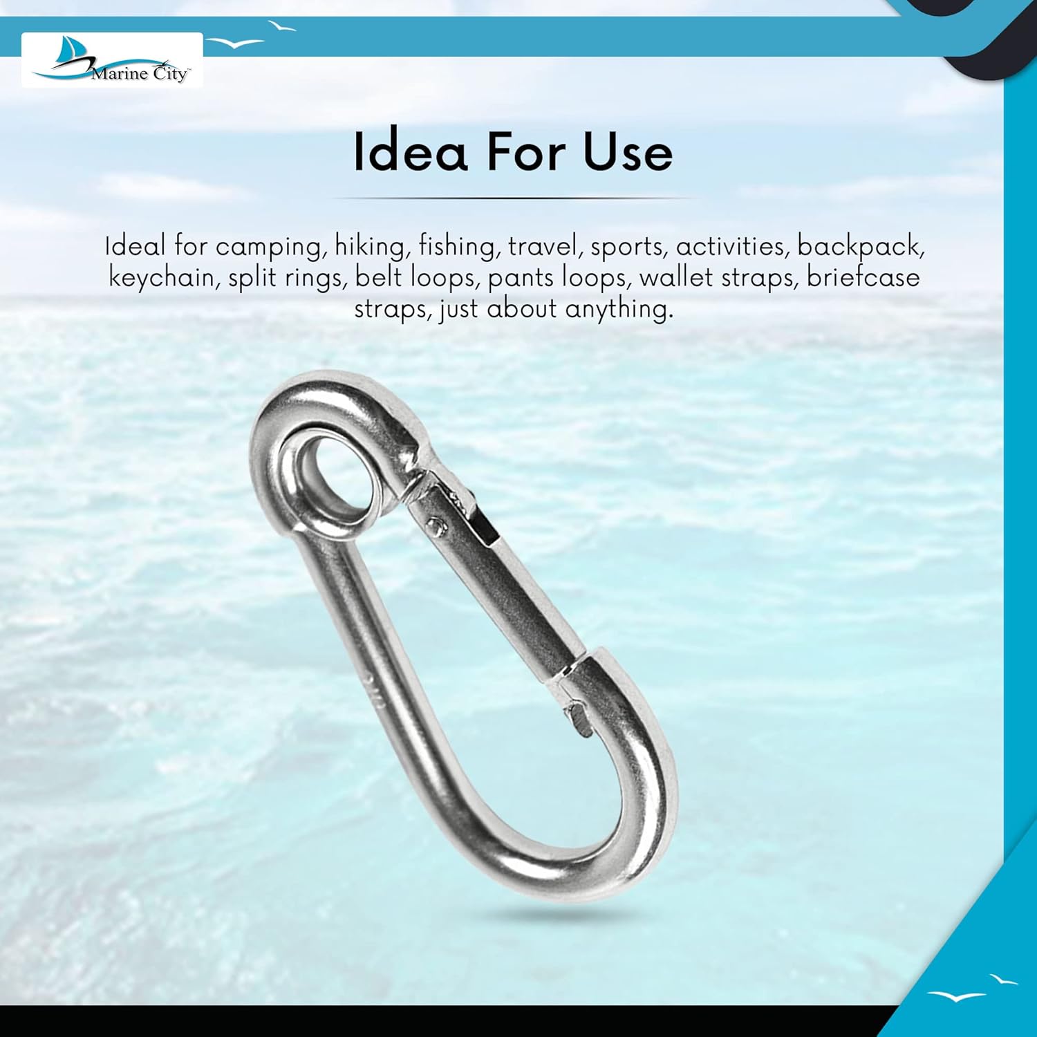 MARINE CITY Mosquetón de acero inoxidable de grado 316 con anillo de 3-18 pulgadas para escalada, pesca, senderismo, barco, vela, campamento
