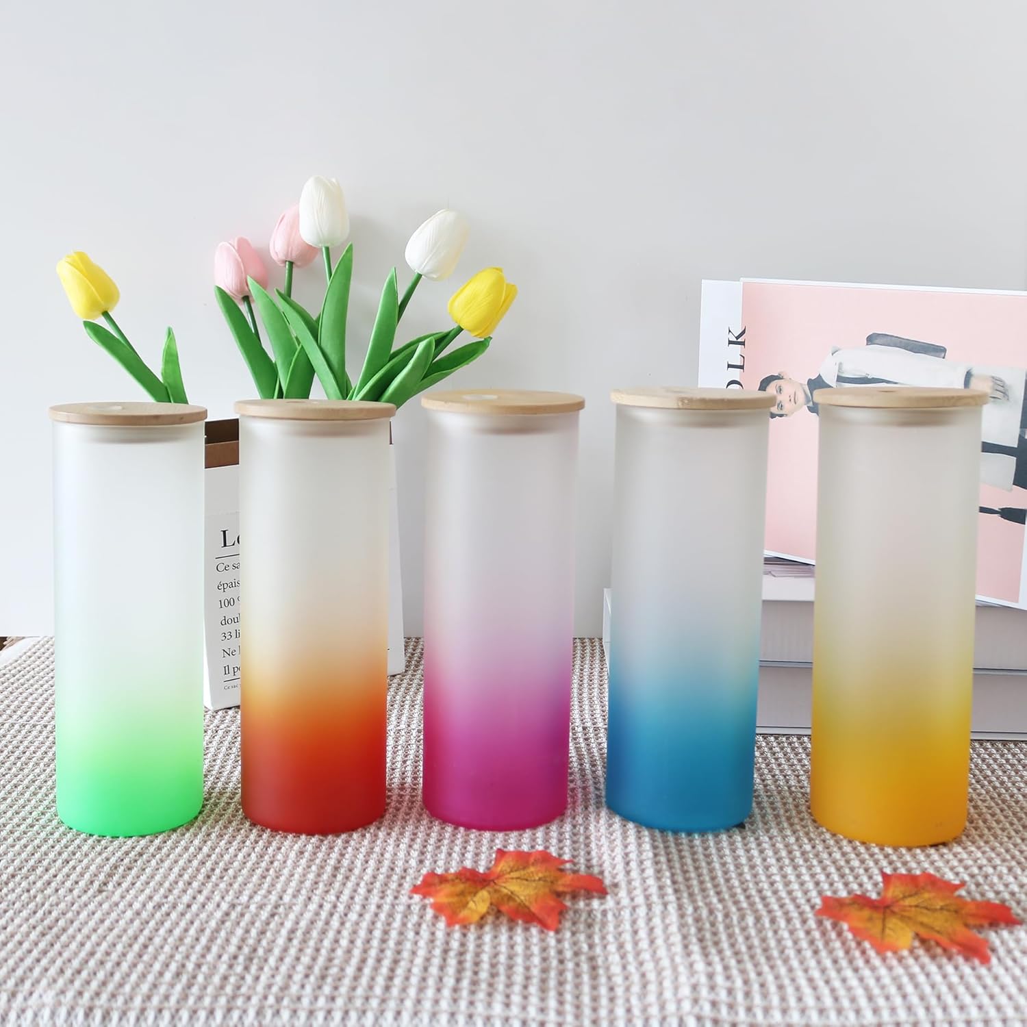 Paquete de 25 vasos de vidrio esmerilado con tapas y pajitas, vasos de vidrio sublimación de color degradado de 25 onzas, vasos de sublimación de