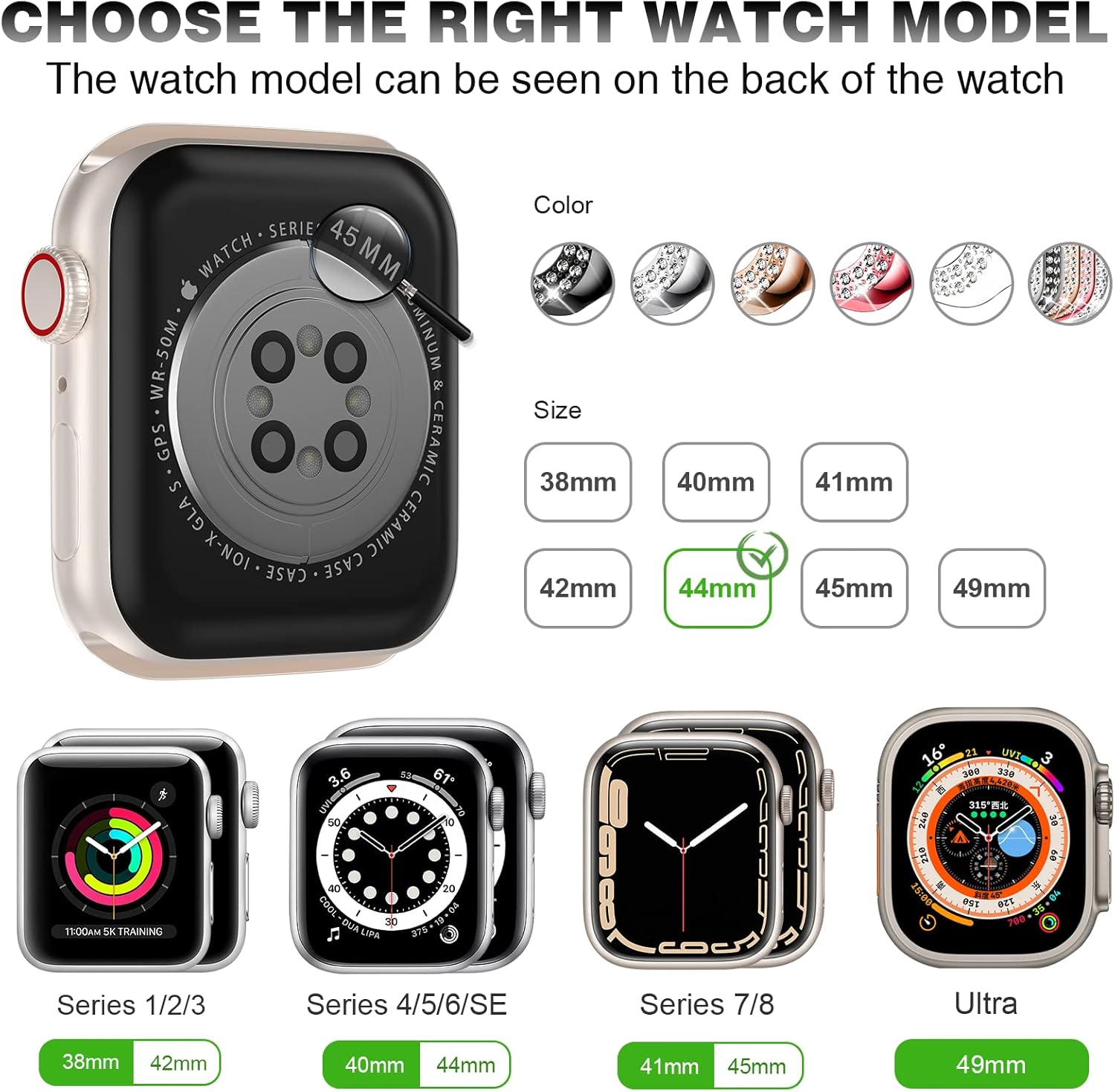 DABAOZA Funda compatible con Bling Apple Watch Ultra 21 SE Series 9 8 7 6 5 4 3 2 1, brillante para mujeres y niñas, con diamantes de imitación de